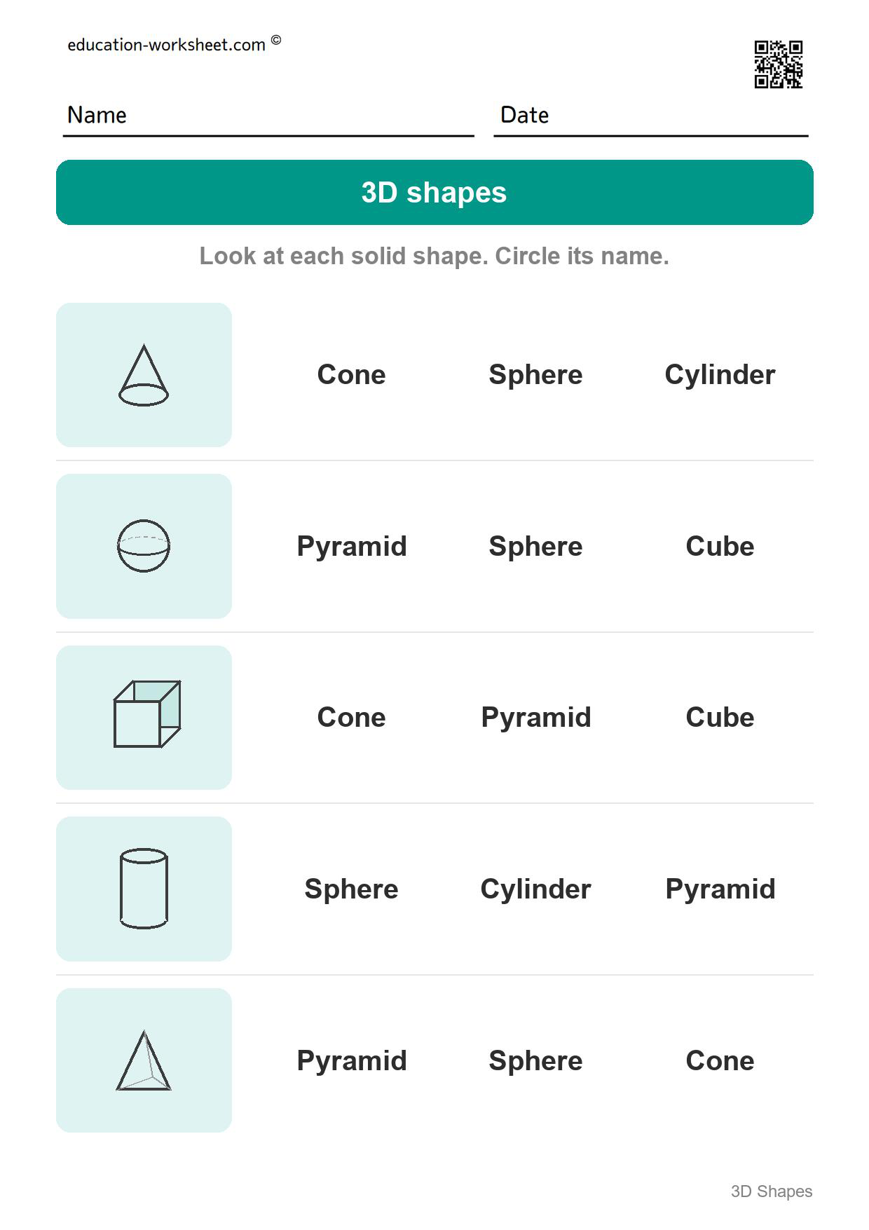 Name the solid shapes (Set 1) - Free 3D Shapes Worksheets for Kindergarten - Name the Solid Shapes