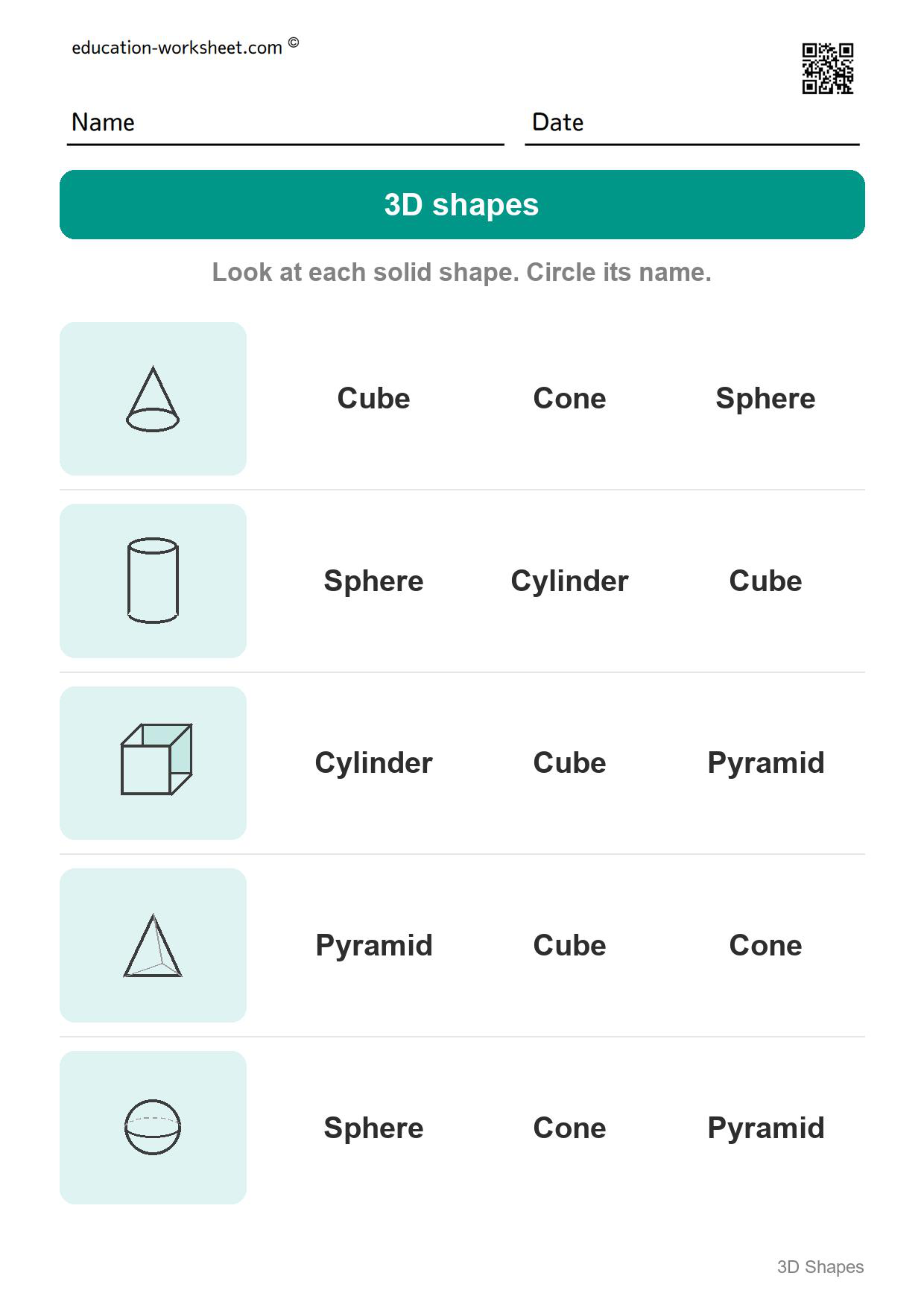 Name the solid shapes (Set 10) - Free 3D Shapes Worksheets for Kindergarten - Name the Solid Shapes