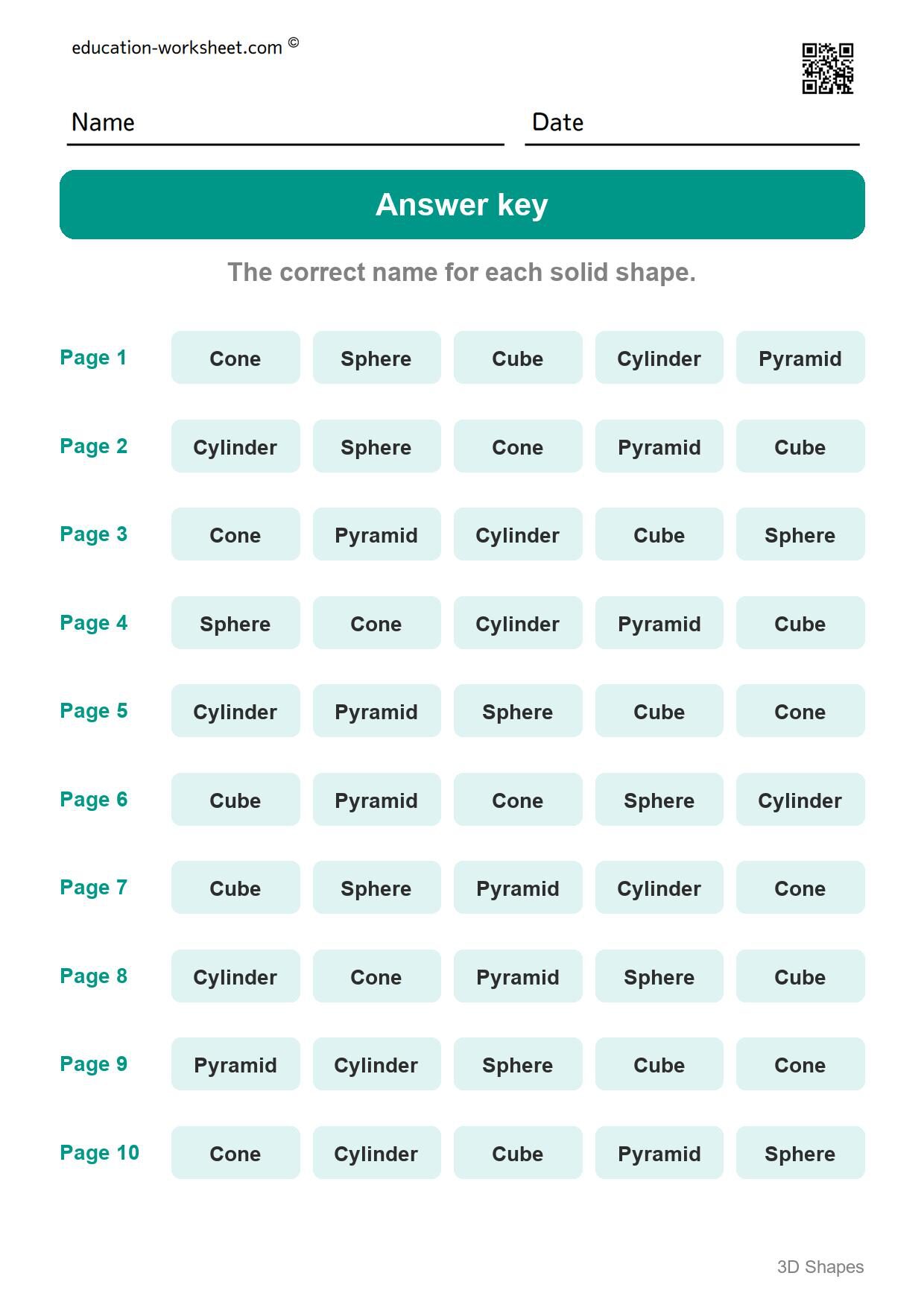 Answer key - all 10 pages - Free 3D Shapes Worksheets for Kindergarten - Name the Solid Shapes