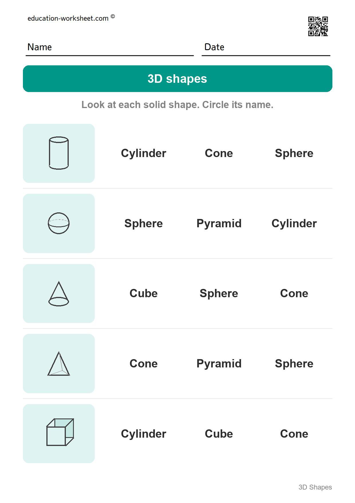 Name the solid shapes (Set 2) - Free 3D Shapes Worksheets for Kindergarten - Name the Solid Shapes