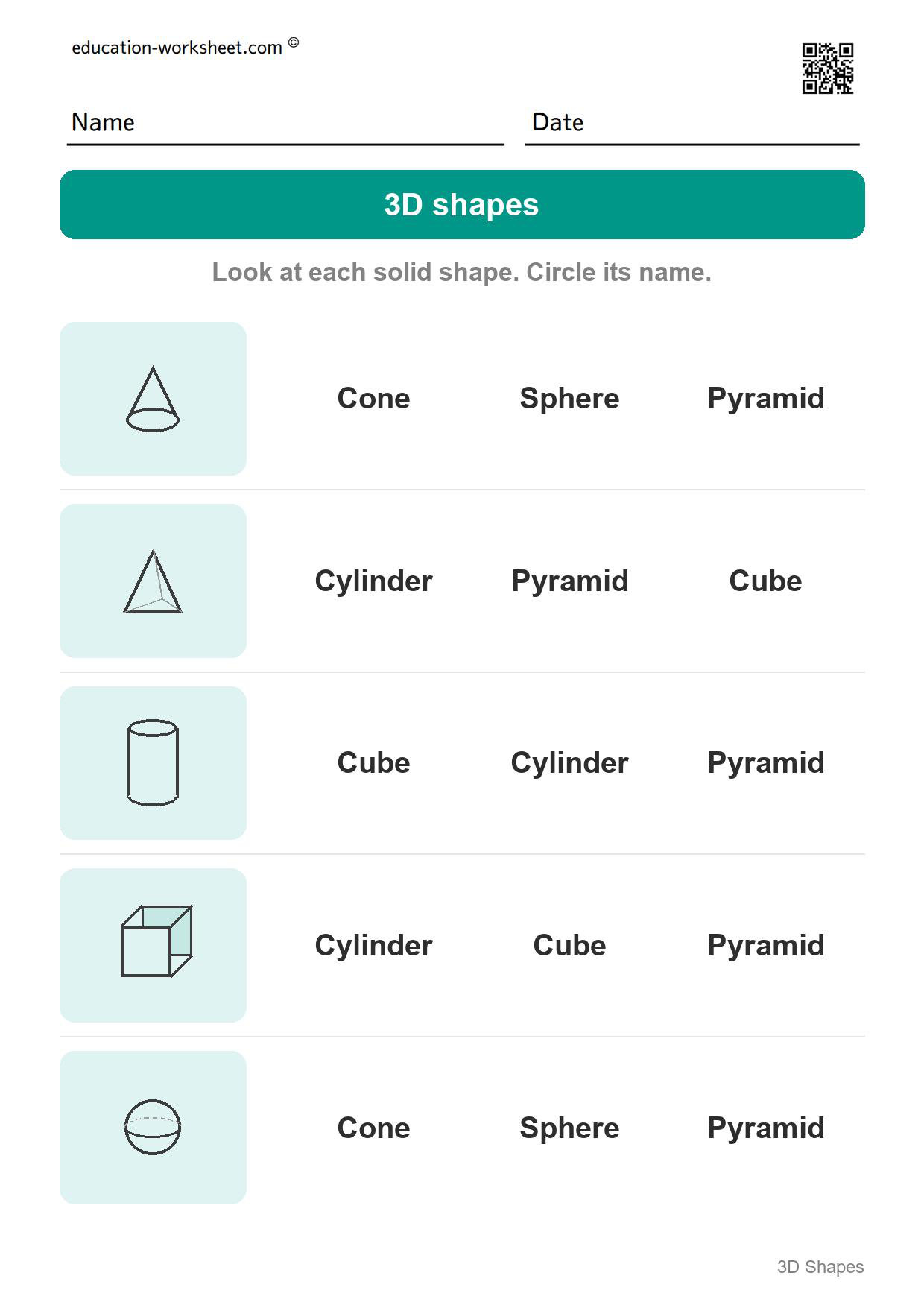 Name the solid shapes (Set 3) - Free 3D Shapes Worksheets for Kindergarten - Name the Solid Shapes