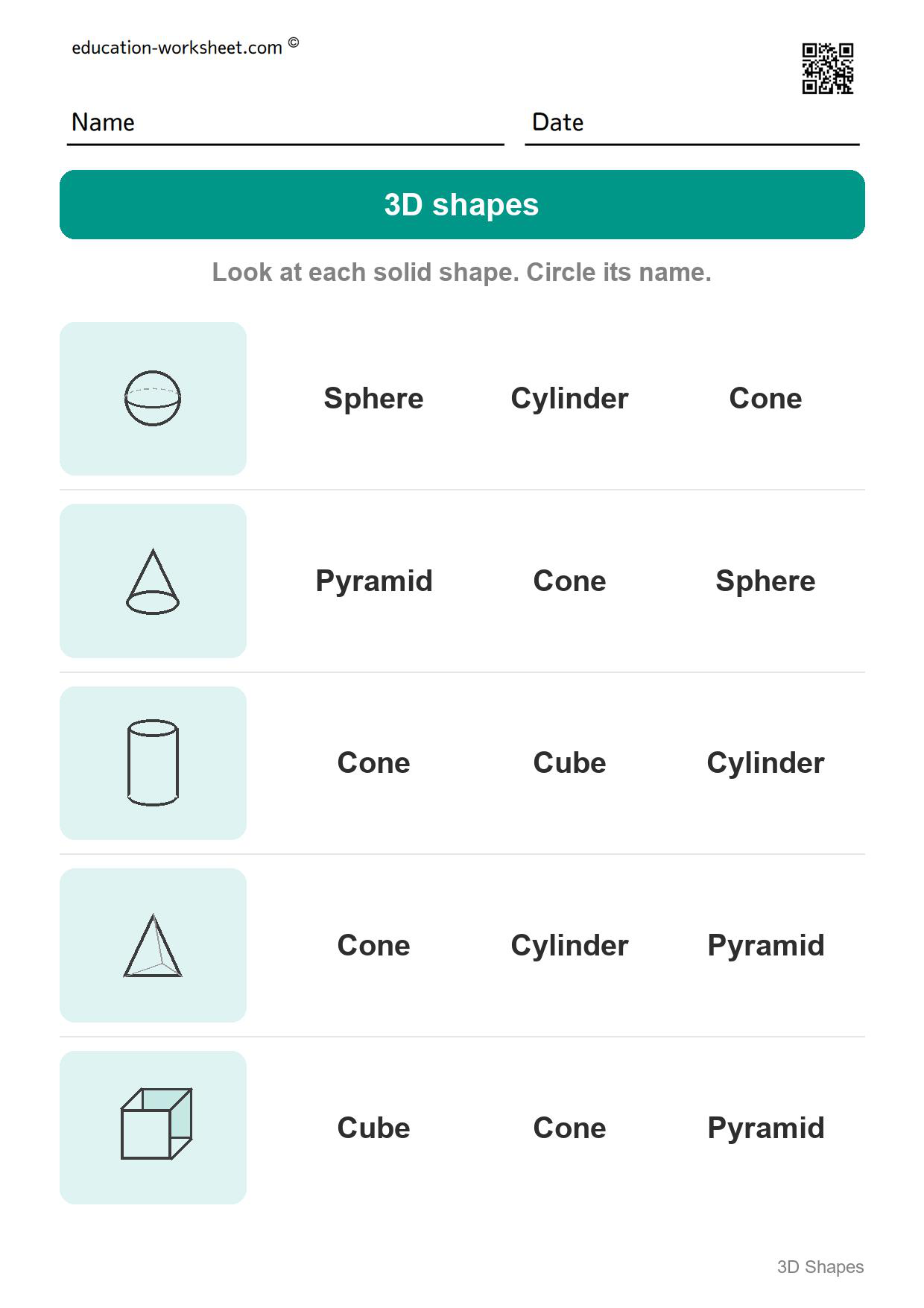 Name the solid shapes (Set 4) - Free 3D Shapes Worksheets for Kindergarten - Name the Solid Shapes