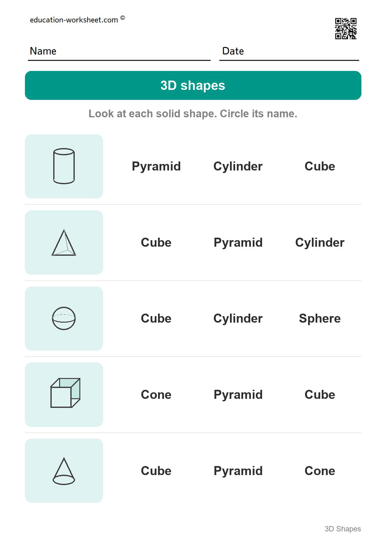 Name the solid shapes (Set 5) - Free 3D Shapes Worksheets for Kindergarten - Name the Solid Shapes