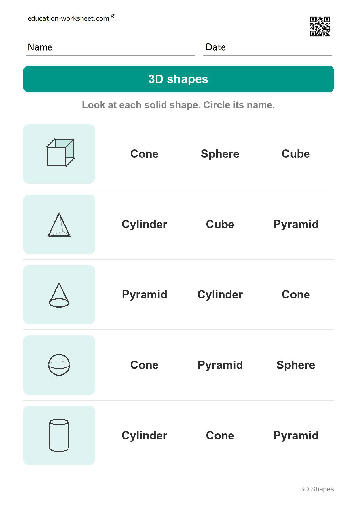 Name the solid shapes (Set 6) - Free 3D Shapes Worksheets for Kindergarten - Name the Solid Shapes