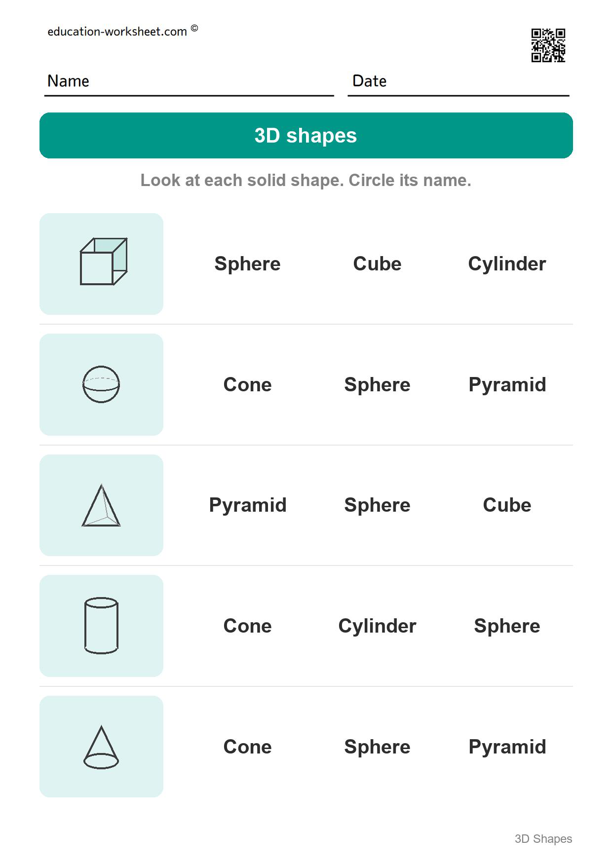 Name the solid shapes (Set 7) - Free 3D Shapes Worksheets for Kindergarten - Name the Solid Shapes