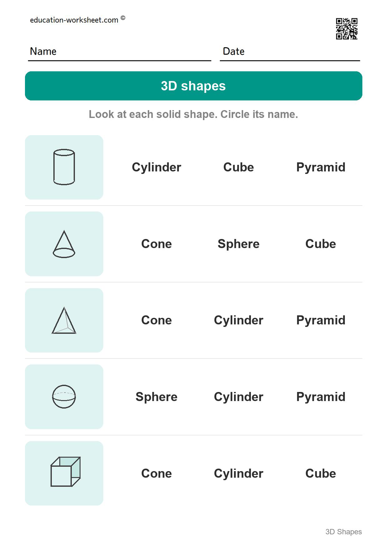 Name the solid shapes (Set 8) - Free 3D Shapes Worksheets for Kindergarten - Name the Solid Shapes
