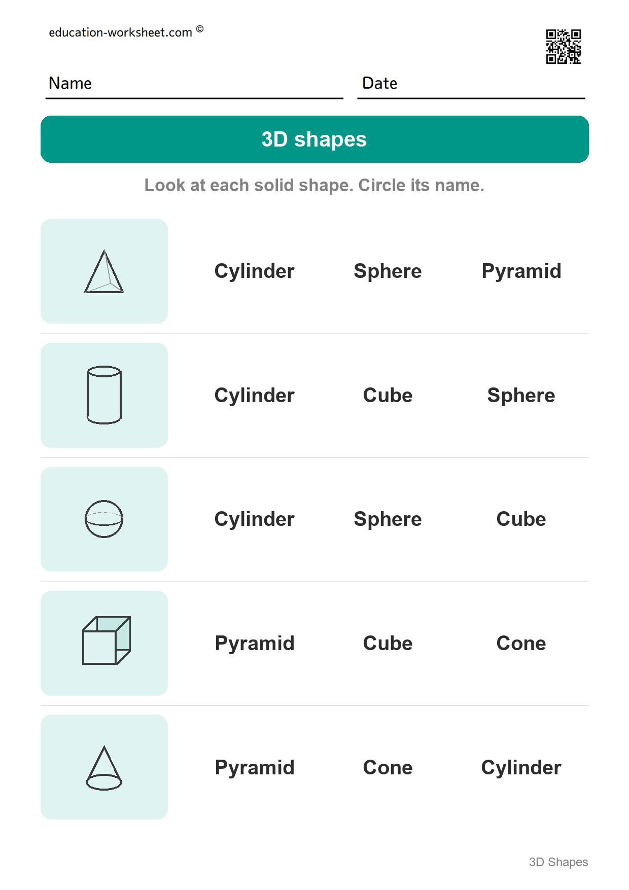 Name the solid shapes (Set 9) - Free 3D Shapes Worksheets for Kindergarten - Name the Solid Shapes