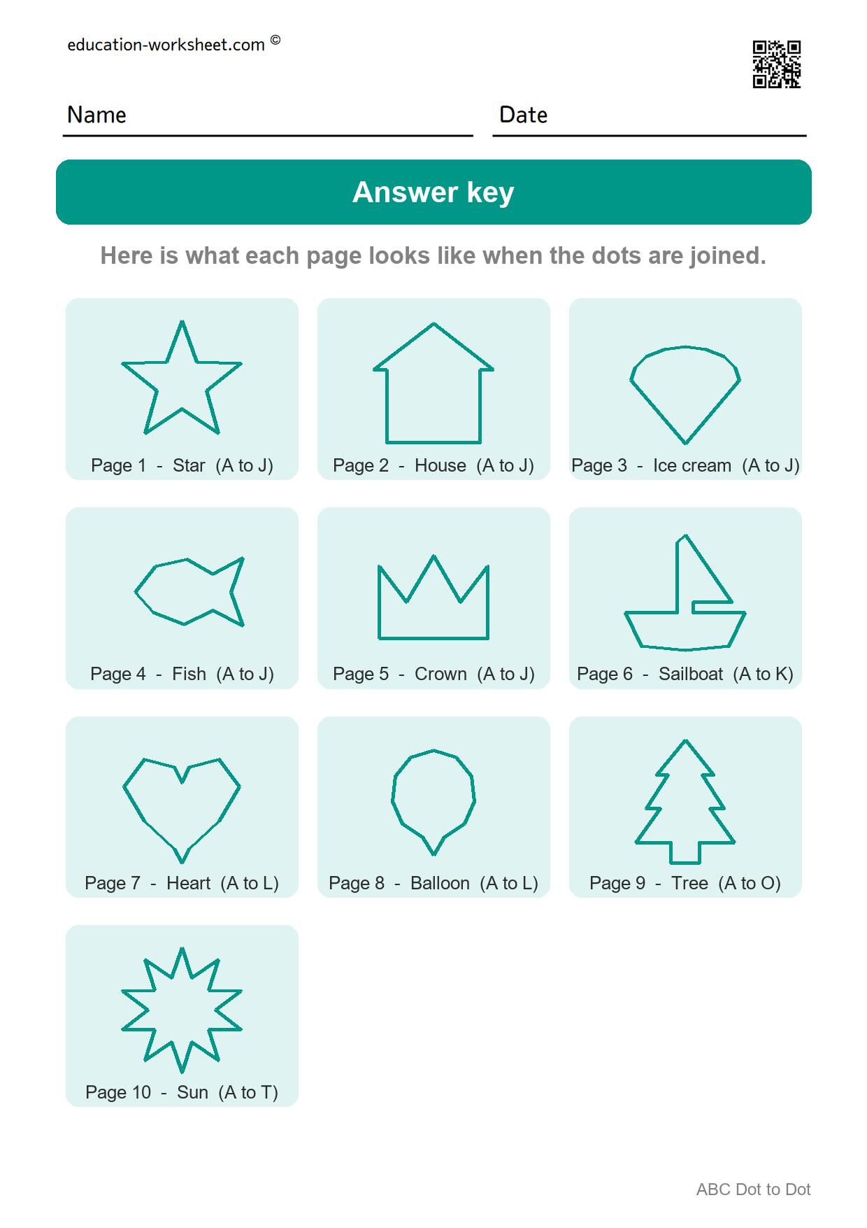 Answer key - all 10 pictures - Free ABC Dot to Dot Worksheets for Kindergarten - Connect the Letters A to Z