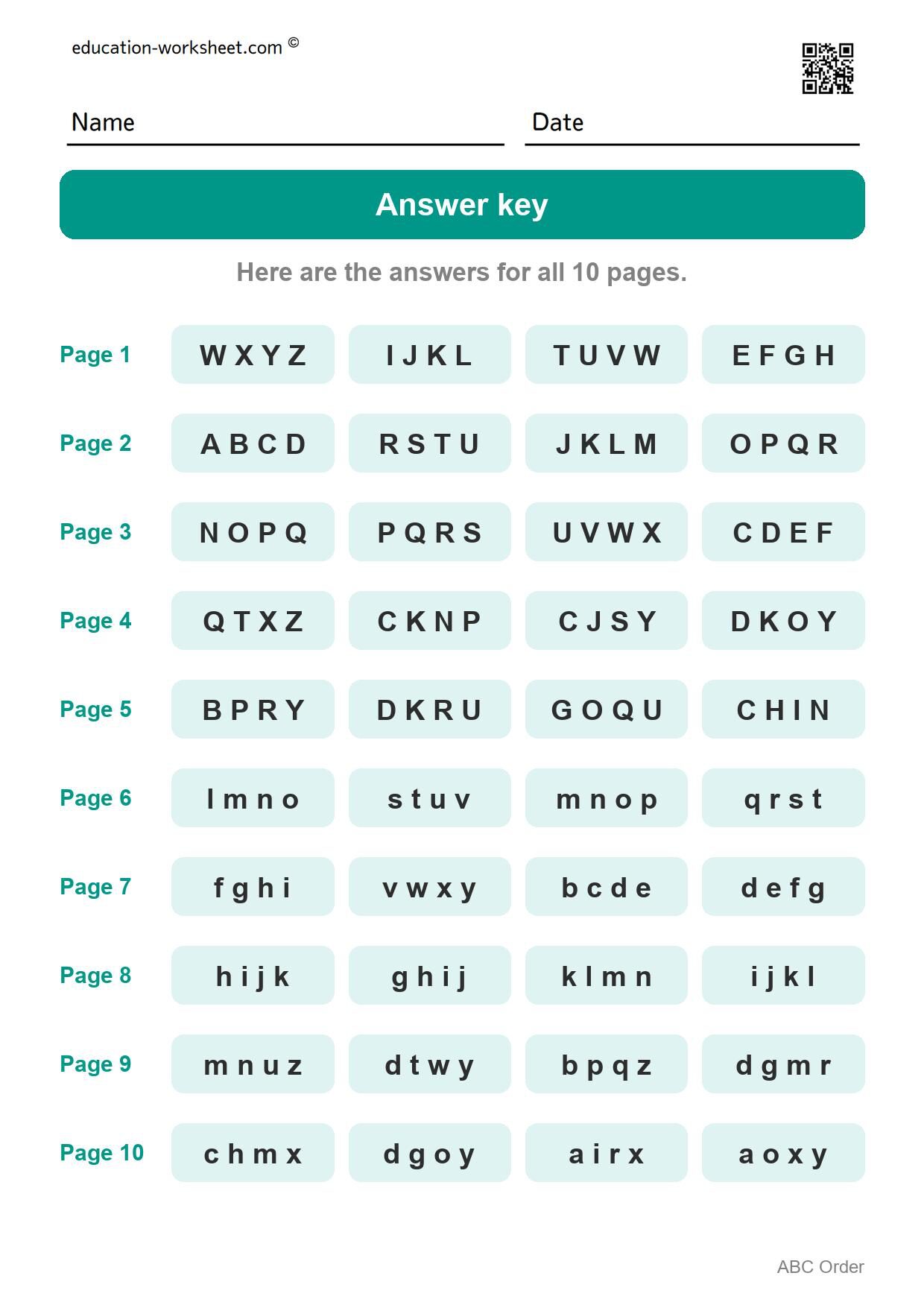 Answer key - all 10 pages - Free ABC Order Worksheets for Kindergarten - Alphabetical Order Practice