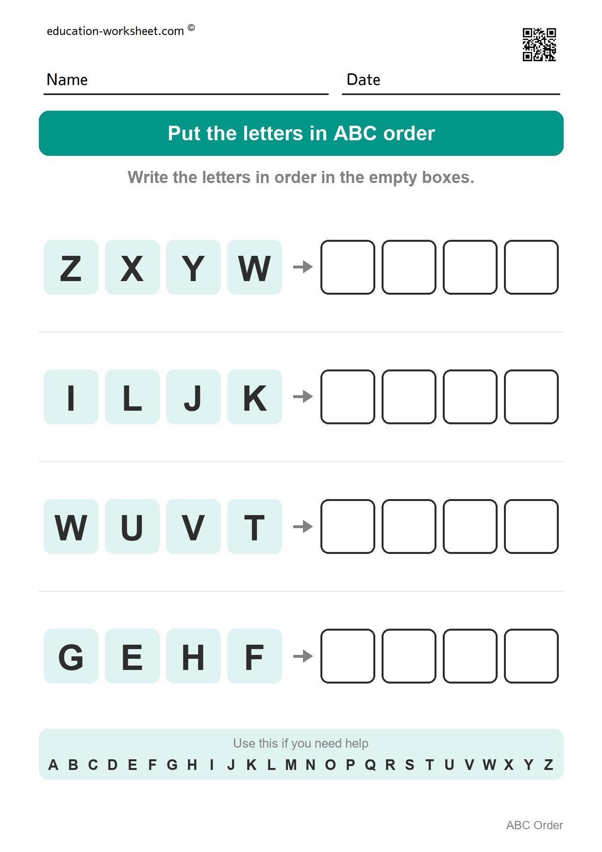 ABC order - Capital letters (letters in a row, Set 1) - Free ABC Order Worksheets for Kindergarten - Alphabetical Order Practice