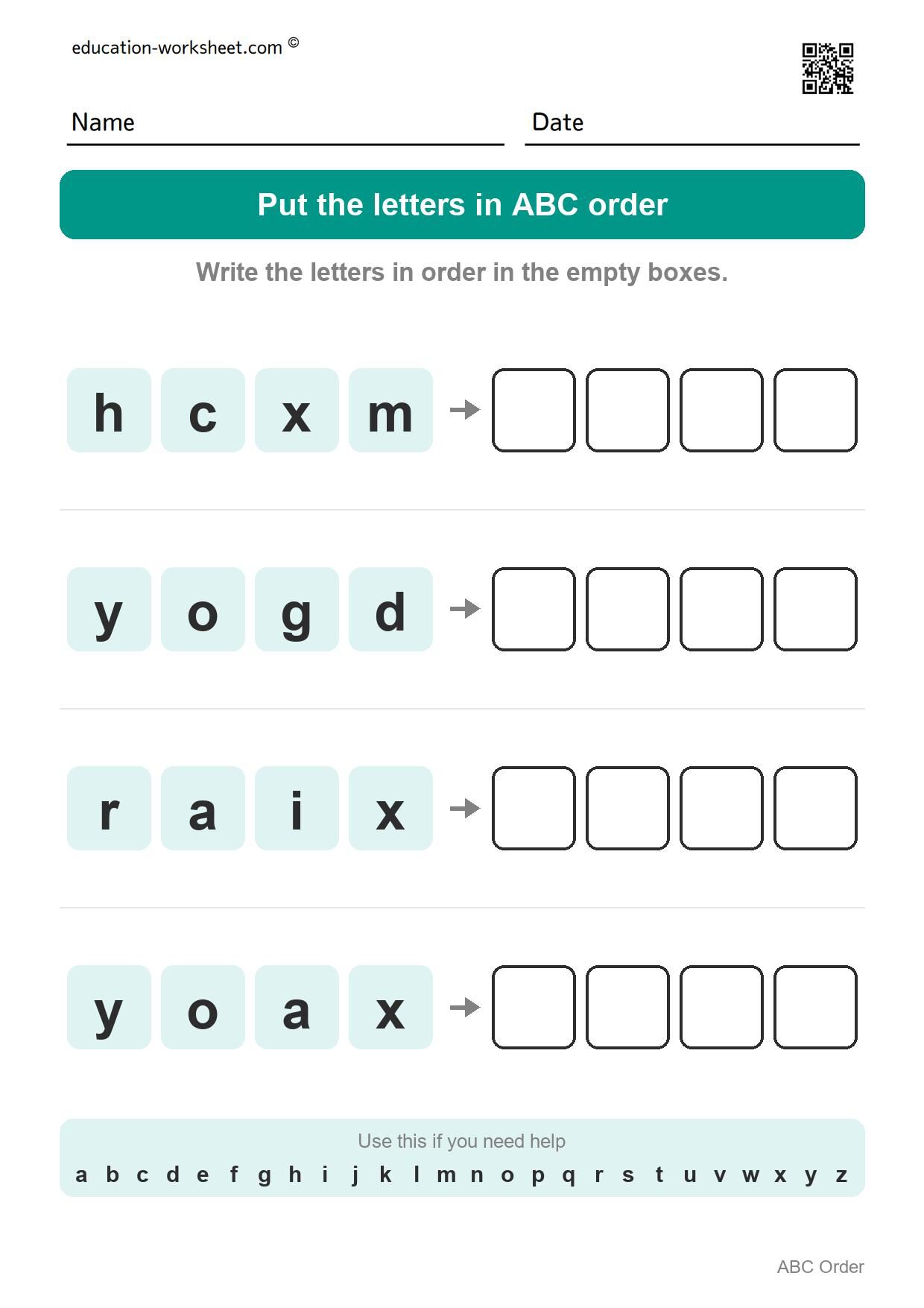 ABC order - Small letters (mixed letters, Set 10) - Free ABC Order Worksheets for Kindergarten - Alphabetical Order Practice