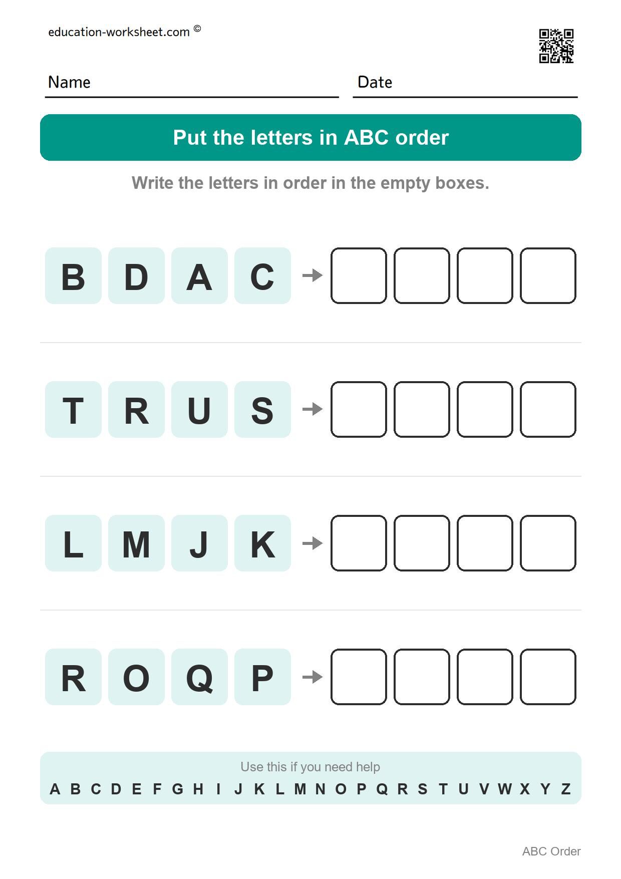 ABC order - Capital letters (letters in a row, Set 2) - Free ABC Order Worksheets for Kindergarten - Alphabetical Order Practice