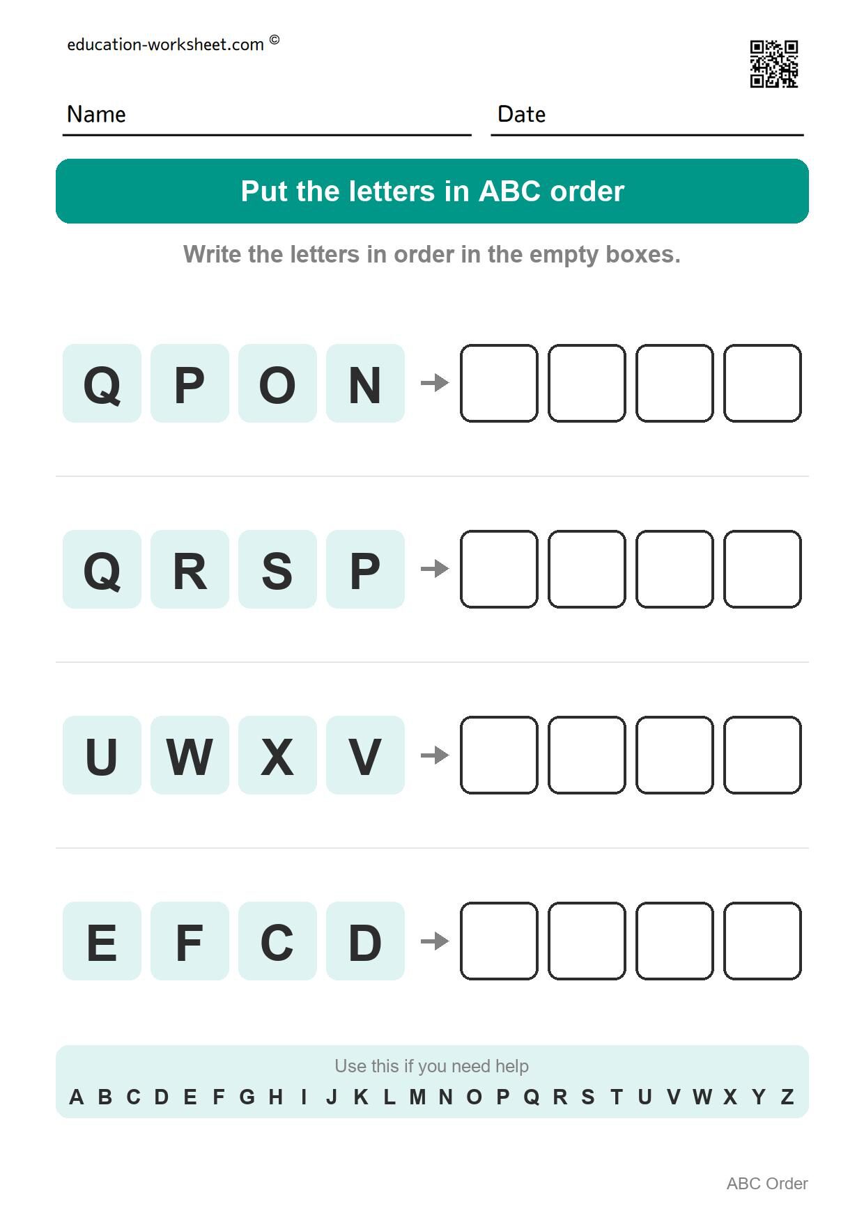 ABC order - Capital letters (letters in a row, Set 3) - Free ABC Order Worksheets for Kindergarten - Alphabetical Order Practice