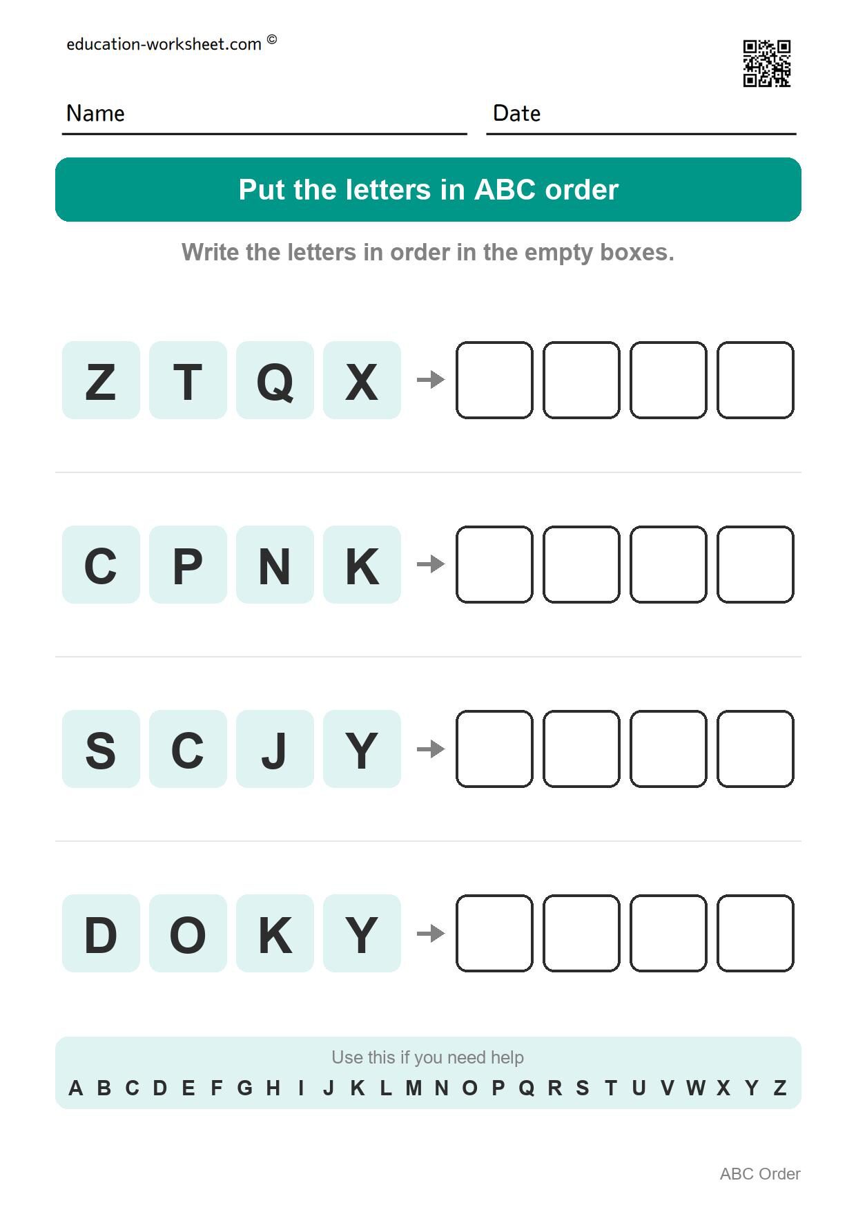 ABC order - Capital letters (mixed letters, Set 4) - Free ABC Order Worksheets for Kindergarten - Alphabetical Order Practice