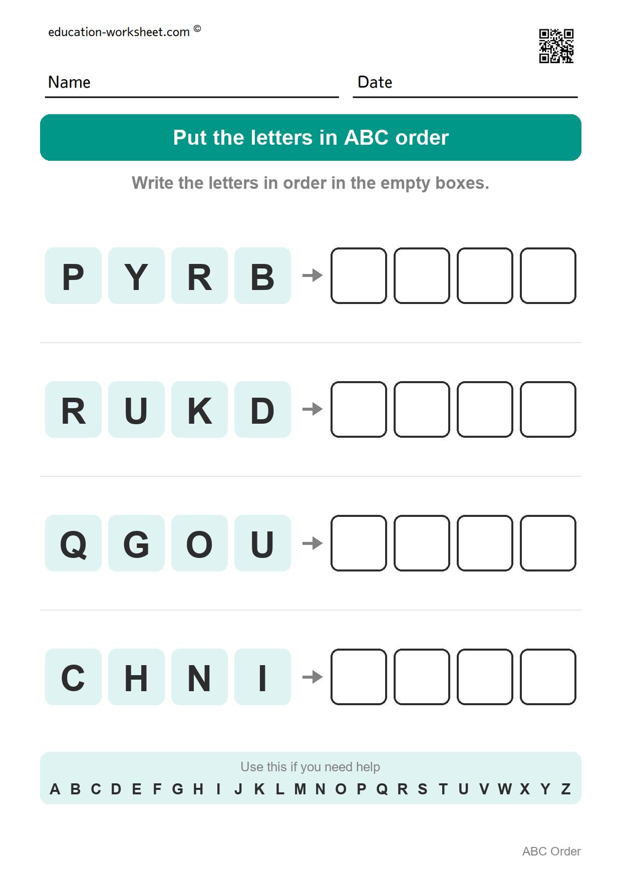 ABC order - Capital letters (mixed letters, Set 5) - Free ABC Order Worksheets for Kindergarten - Alphabetical Order Practice