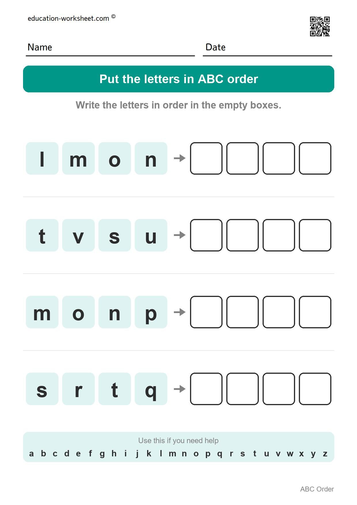 ABC order - Small letters (letters in a row, Set 6) - Free ABC Order Worksheets for Kindergarten - Alphabetical Order Practice