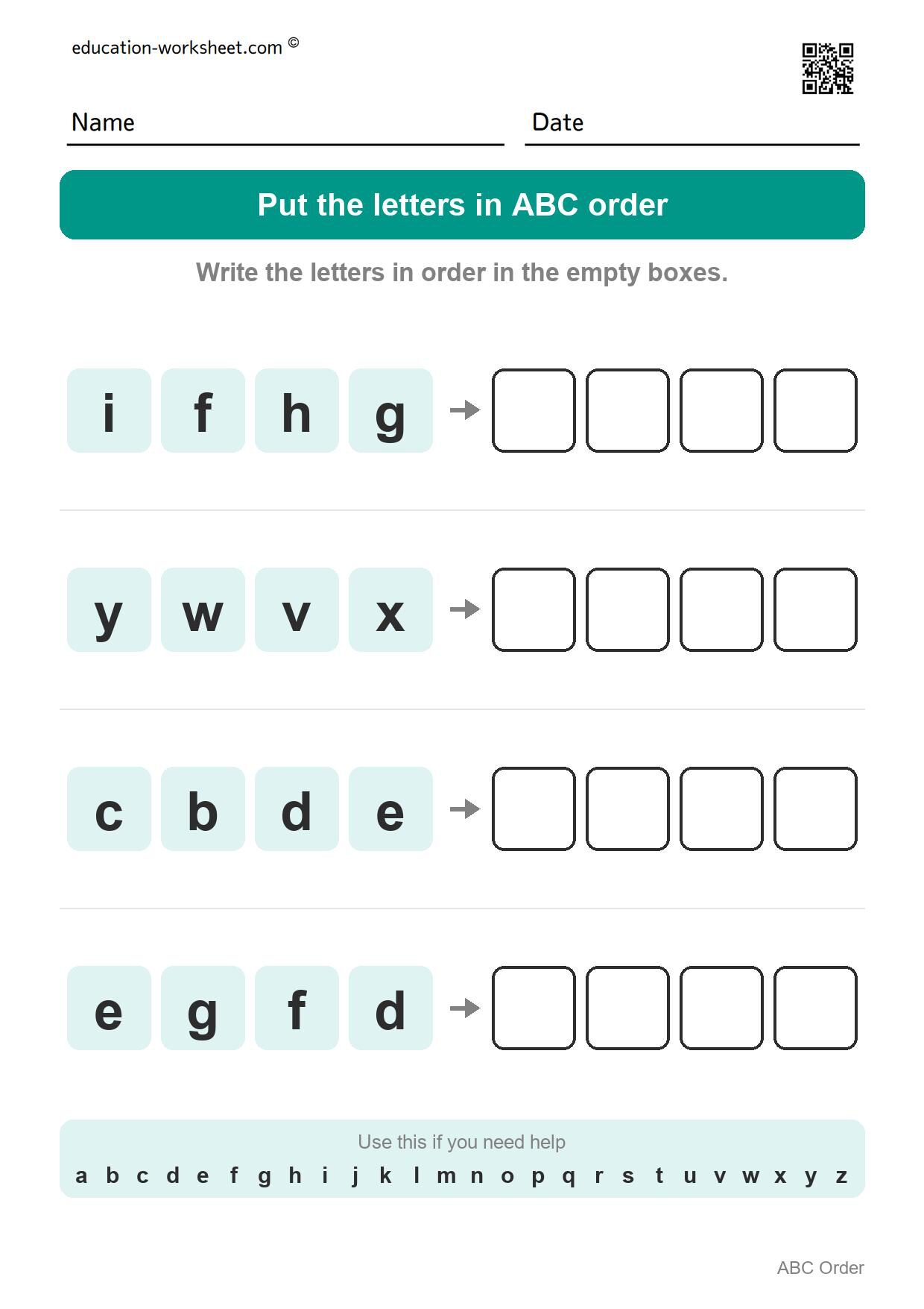 ABC order - Small letters (letters in a row, Set 7) - Free ABC Order Worksheets for Kindergarten - Alphabetical Order Practice