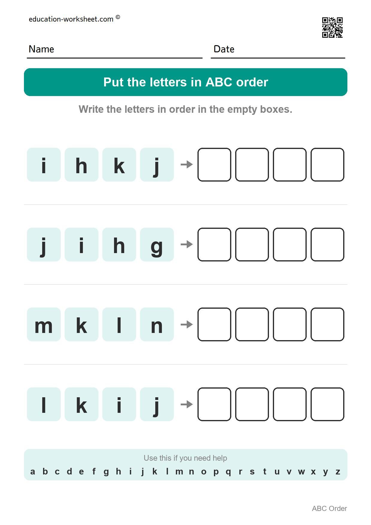 ABC order - Small letters (letters in a row, Set 8) - Free ABC Order Worksheets for Kindergarten - Alphabetical Order Practice