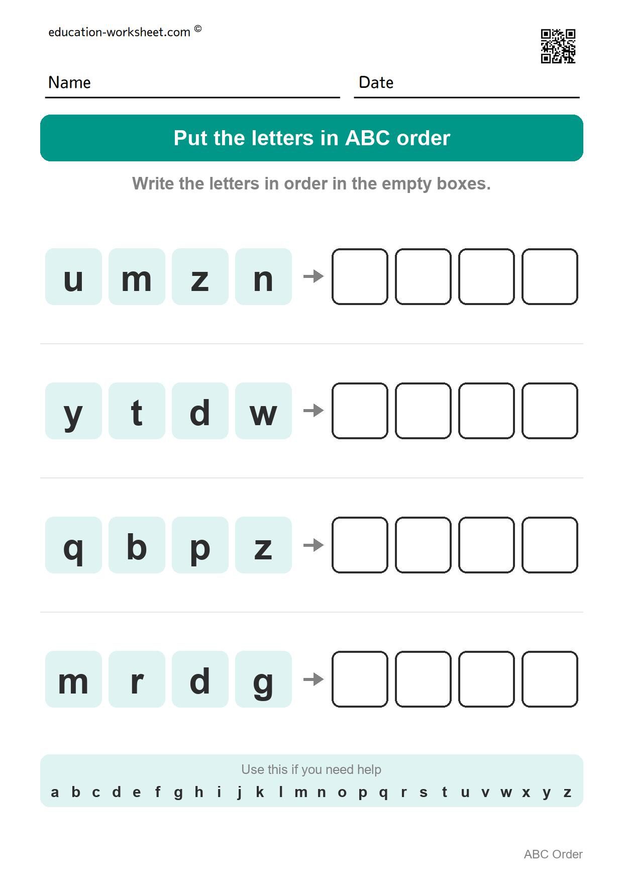 ABC order - Small letters (mixed letters, Set 9) - Free ABC Order Worksheets for Kindergarten - Alphabetical Order Practice