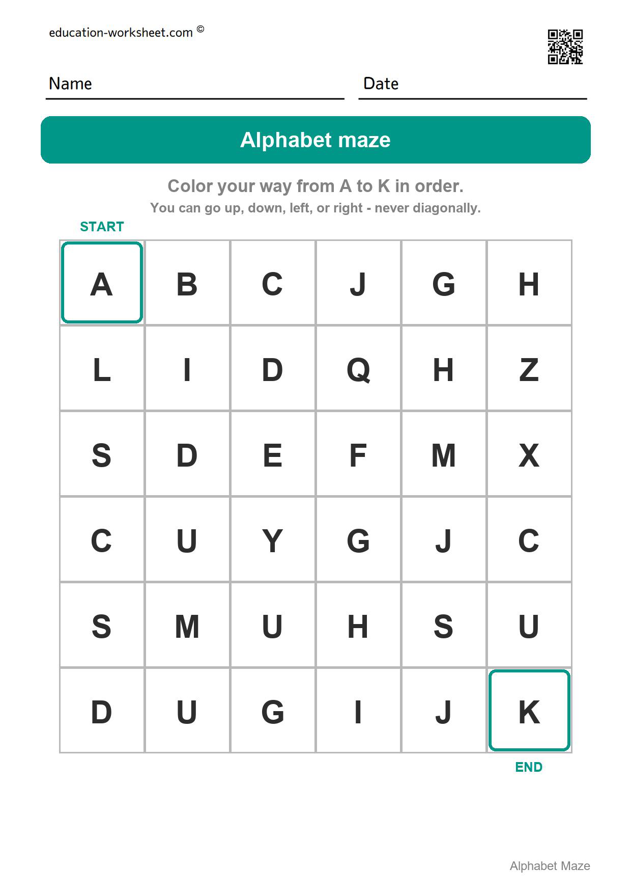 Alphabet maze - A to K - Free Alphabet Maze Worksheets for Kindergarten - ABC Order Fun