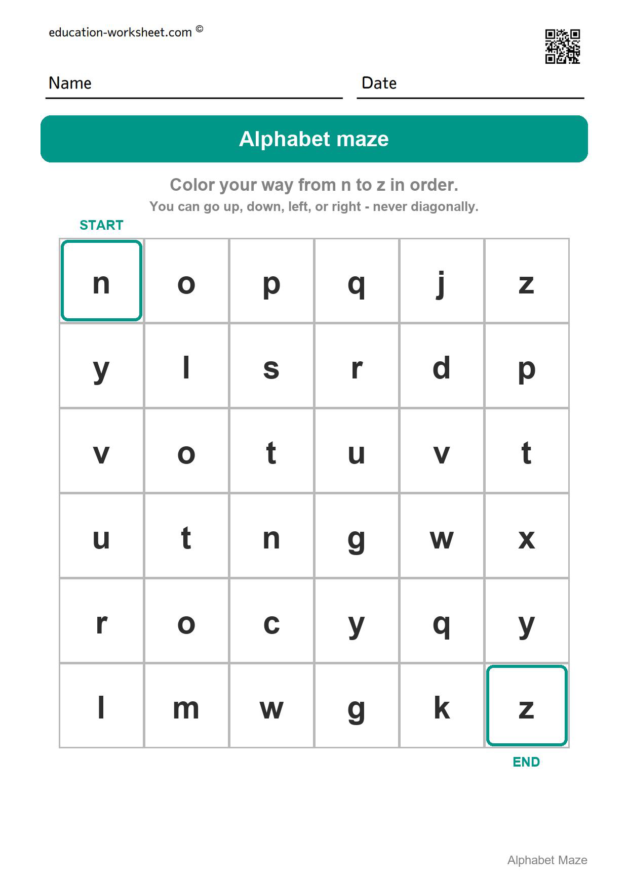 Alphabet maze - n to z - Free Alphabet Maze Worksheets for Kindergarten - ABC Order Fun