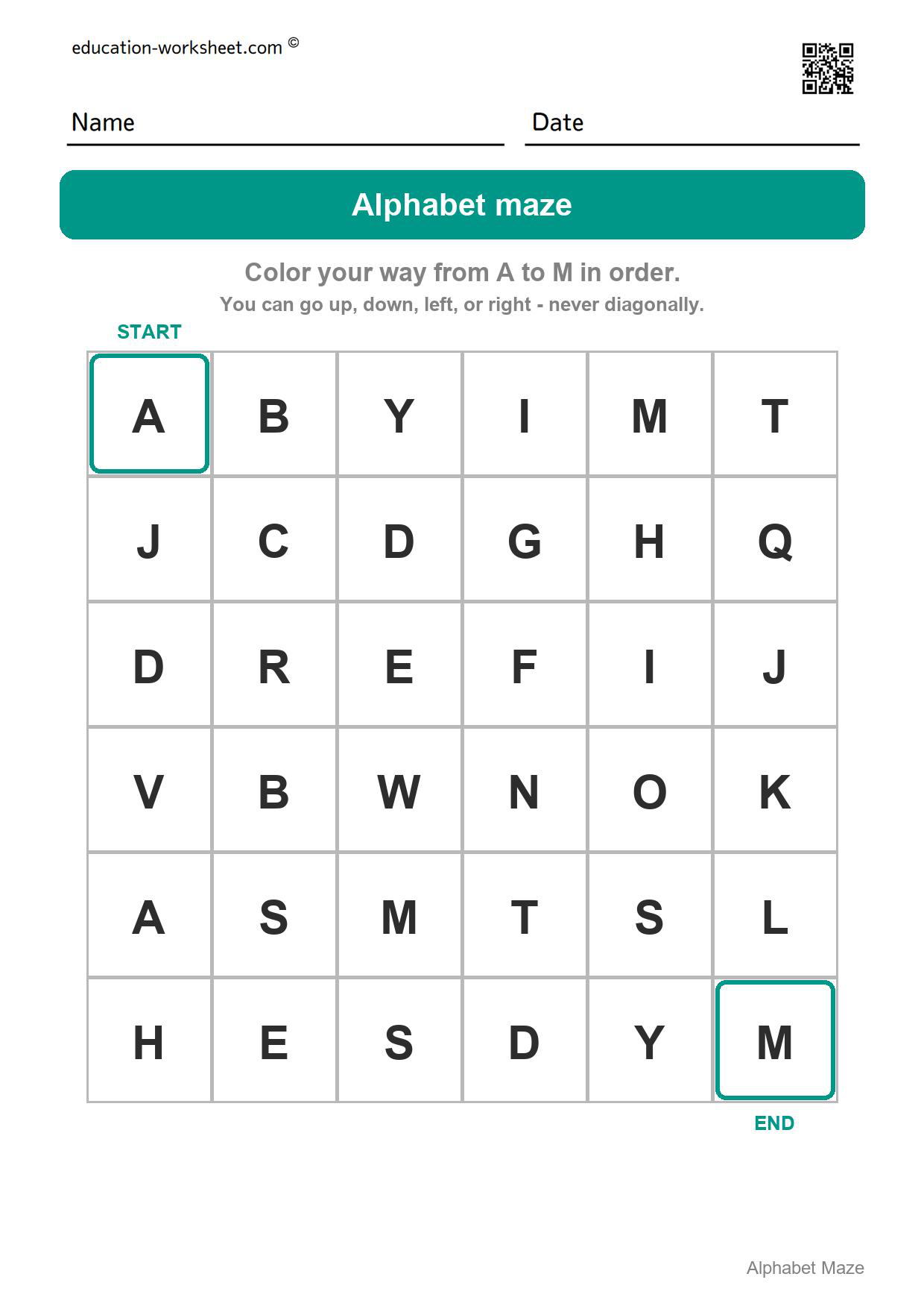 Alphabet maze - A to M - Free Alphabet Maze Worksheets for Kindergarten - ABC Order Fun