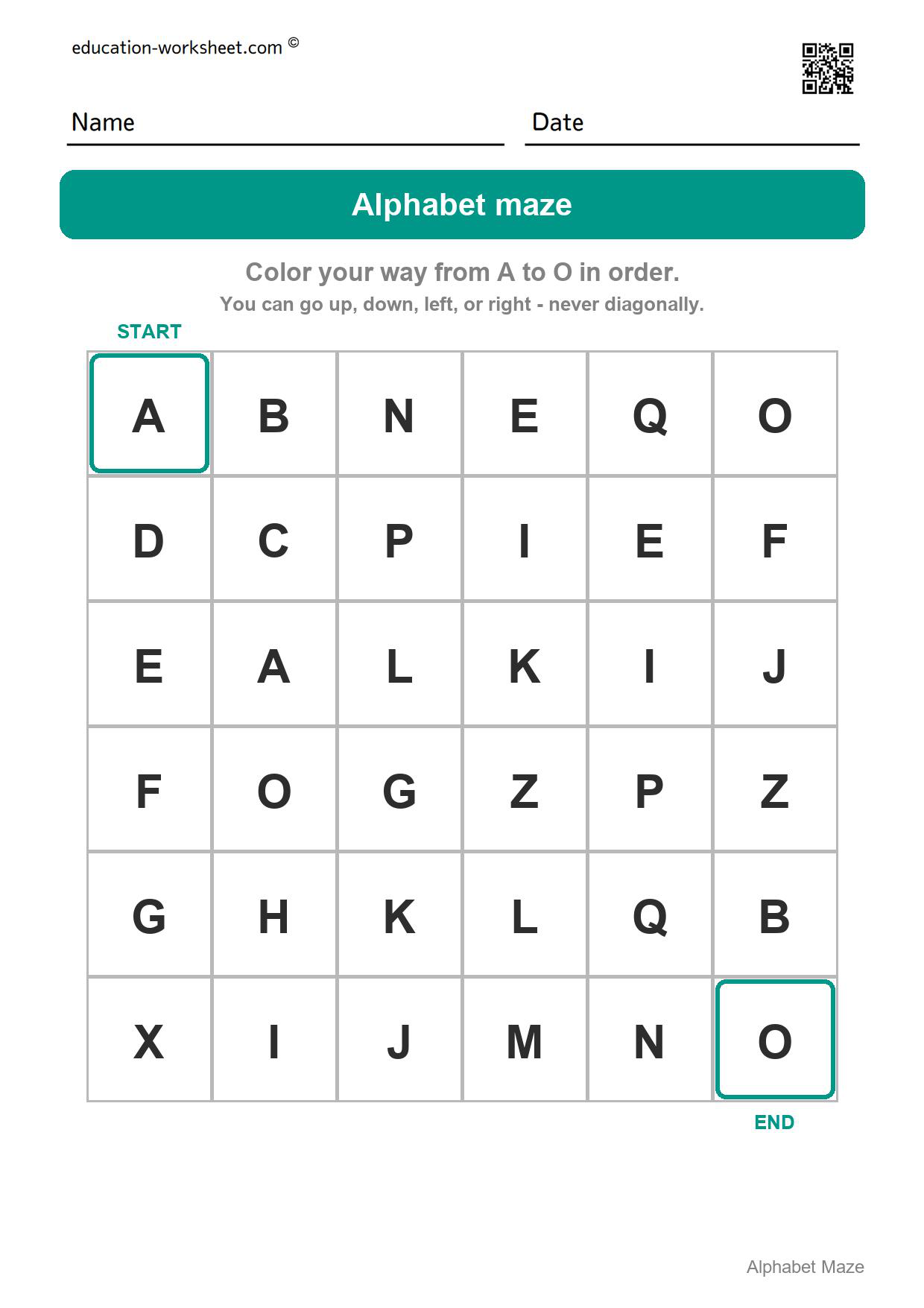 Alphabet maze - A to O - Free Alphabet Maze Worksheets for Kindergarten - ABC Order Fun