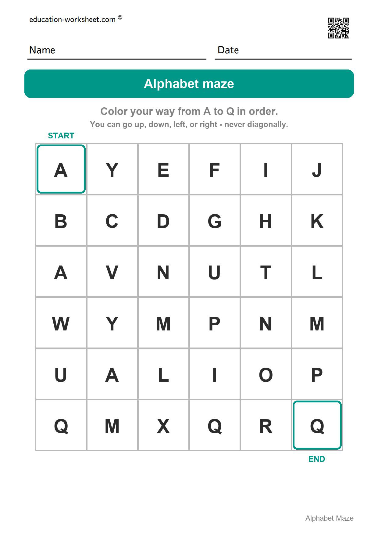 Alphabet maze - A to Q - Free Alphabet Maze Worksheets for Kindergarten - ABC Order Fun