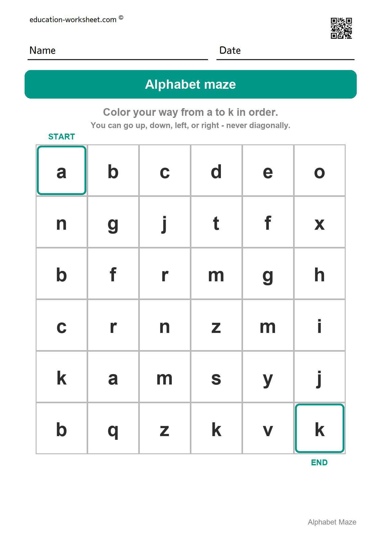 Alphabet maze - a to k - Free Alphabet Maze Worksheets for Kindergarten - ABC Order Fun