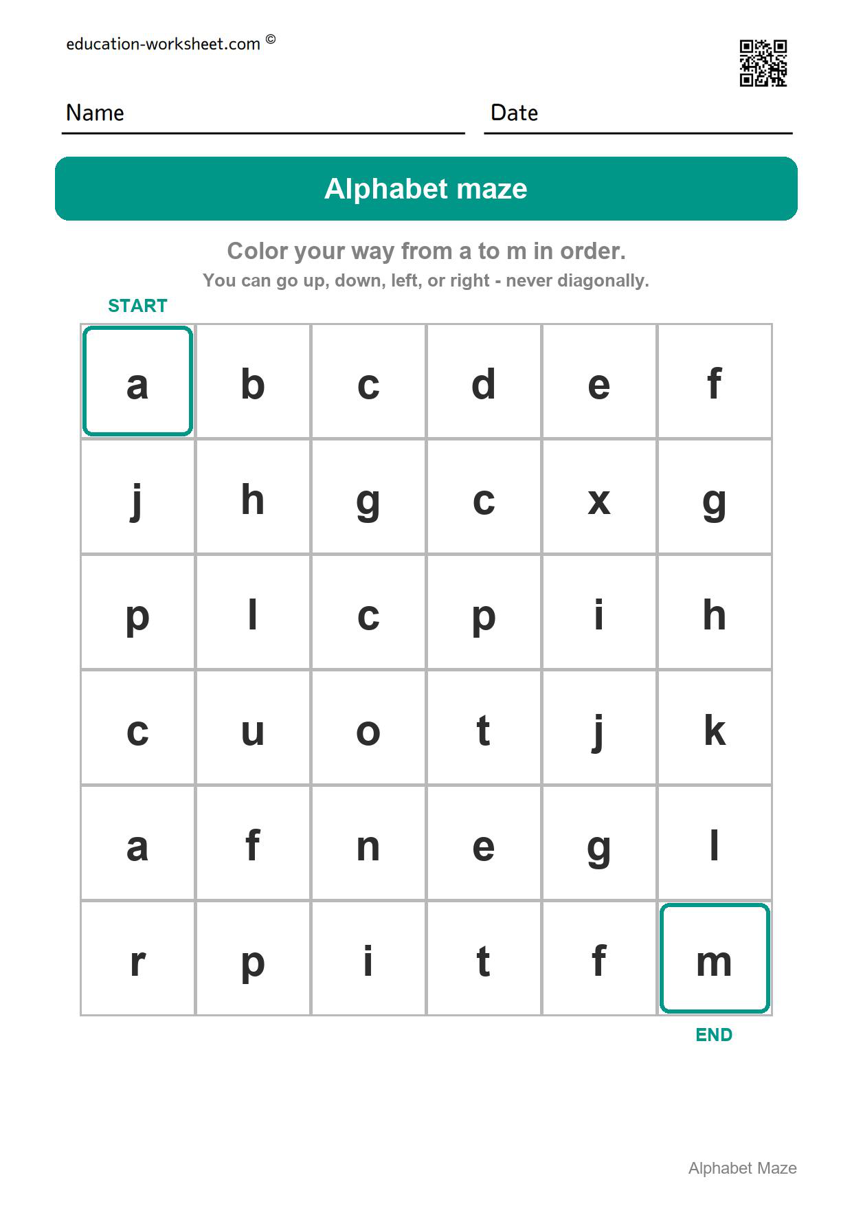Alphabet maze - a to m - Free Alphabet Maze Worksheets for Kindergarten - ABC Order Fun