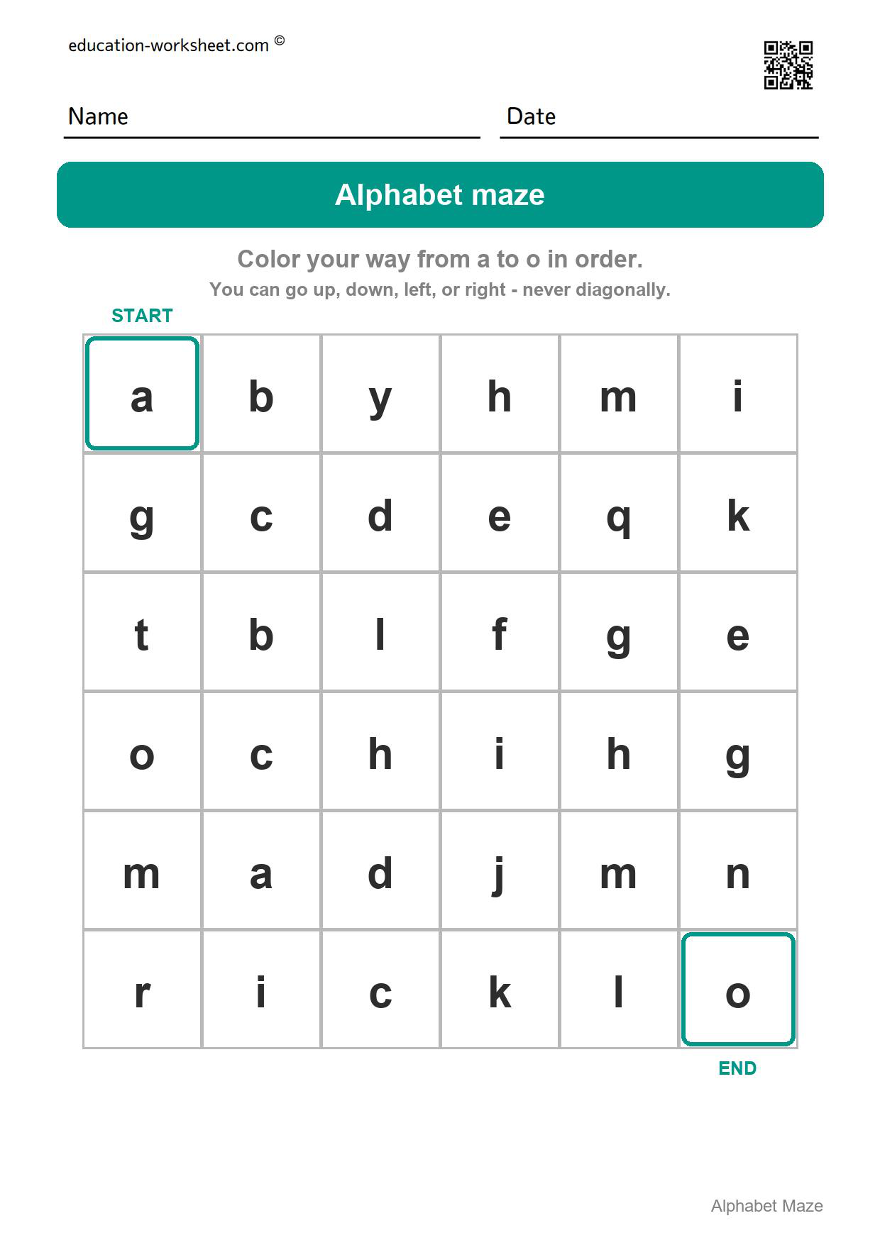 Alphabet maze - a to o - Free Alphabet Maze Worksheets for Kindergarten - ABC Order Fun
