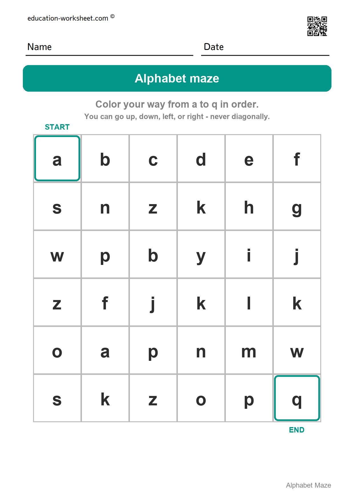 Alphabet maze - a to q - Free Alphabet Maze Worksheets for Kindergarten - ABC Order Fun