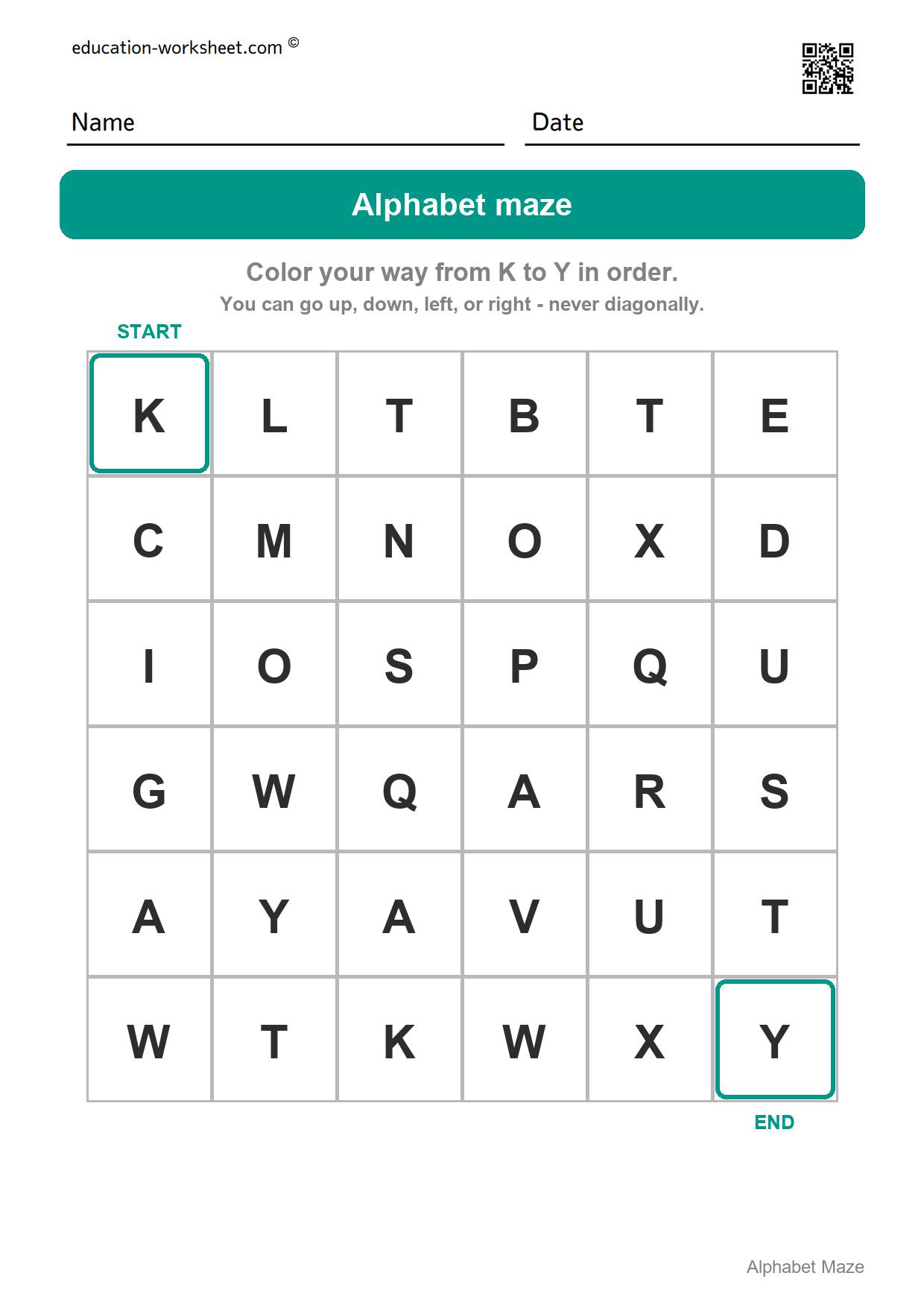 Alphabet maze - K to Y - Free Alphabet Maze Worksheets for Kindergarten - ABC Order Fun