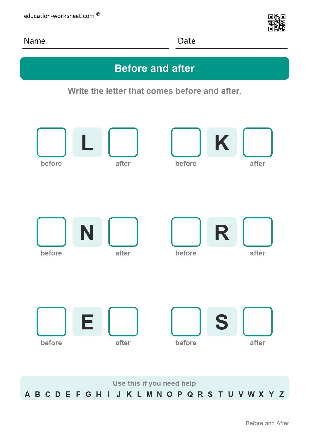 Before and after - capital letters (Set 1) - Free Letter Before and After Worksheets for Kindergarten - Alphabet Order