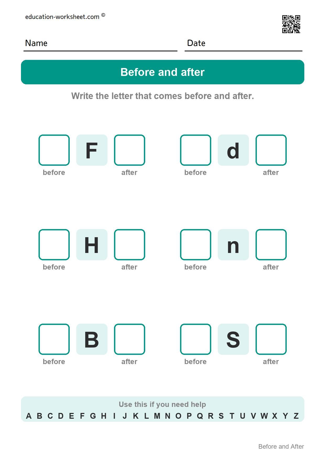 Before and after - mixed letters (Set 10) - Free Letter Before and After Worksheets for Kindergarten - Alphabet Order