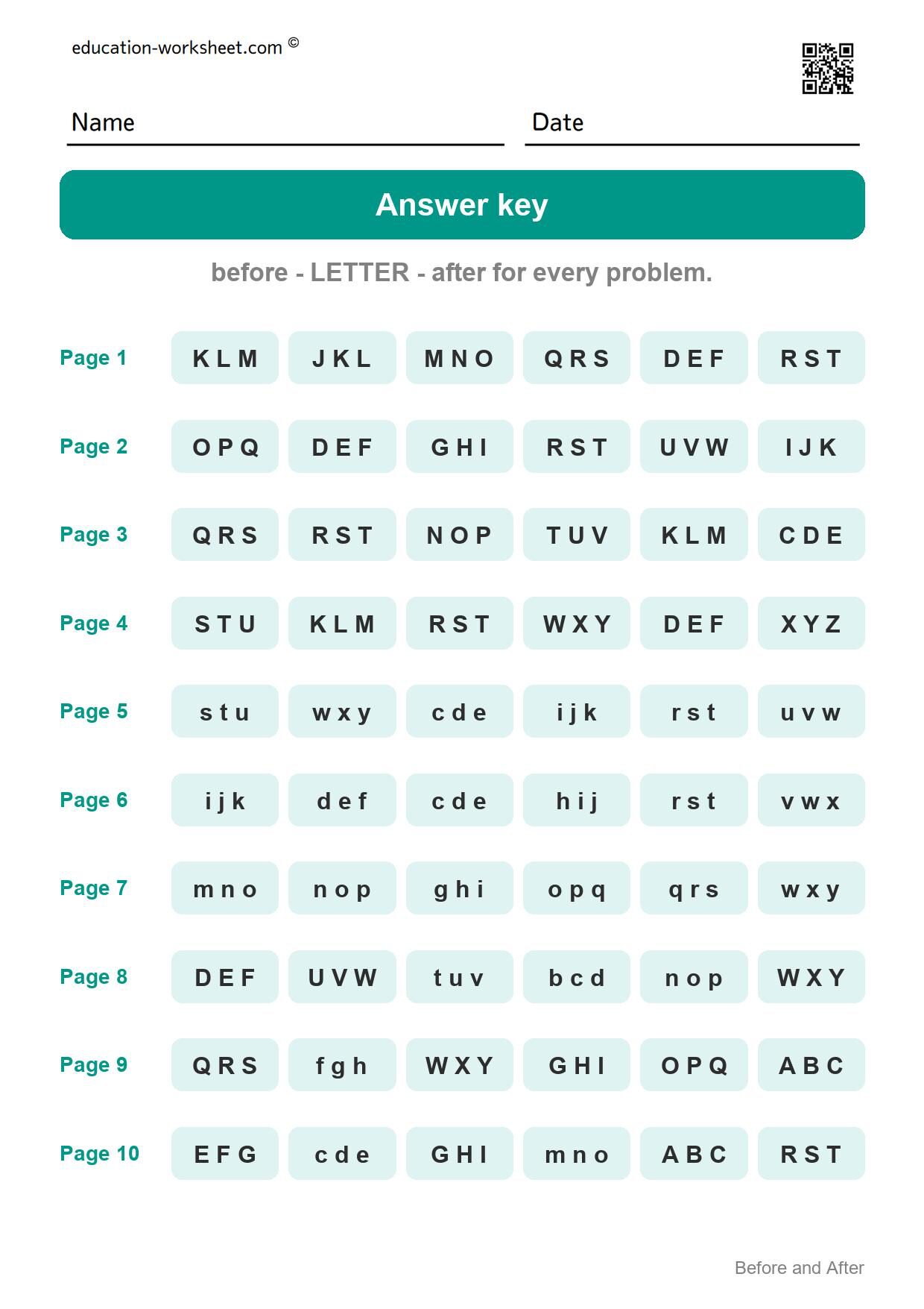 Answer key - all 10 pages - Free Letter Before and After Worksheets for Kindergarten - Alphabet Order