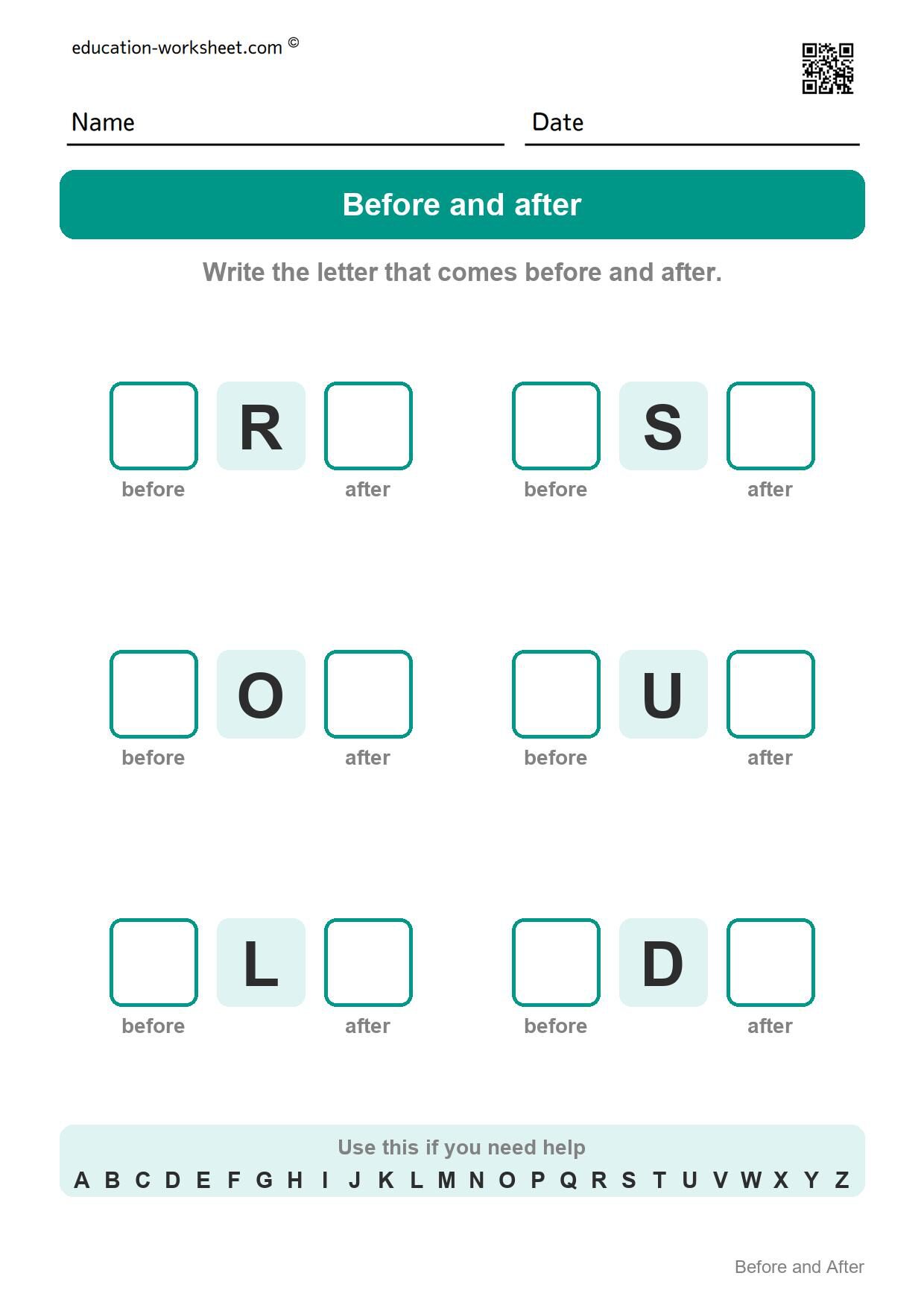 Before and after - capital letters (Set 3) - Free Letter Before and After Worksheets for Kindergarten - Alphabet Order