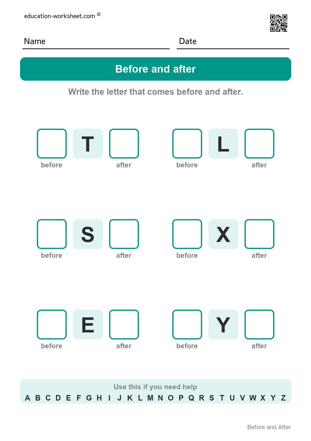 Before and after - capital letters (Set 4) - Free Letter Before and After Worksheets for Kindergarten - Alphabet Order