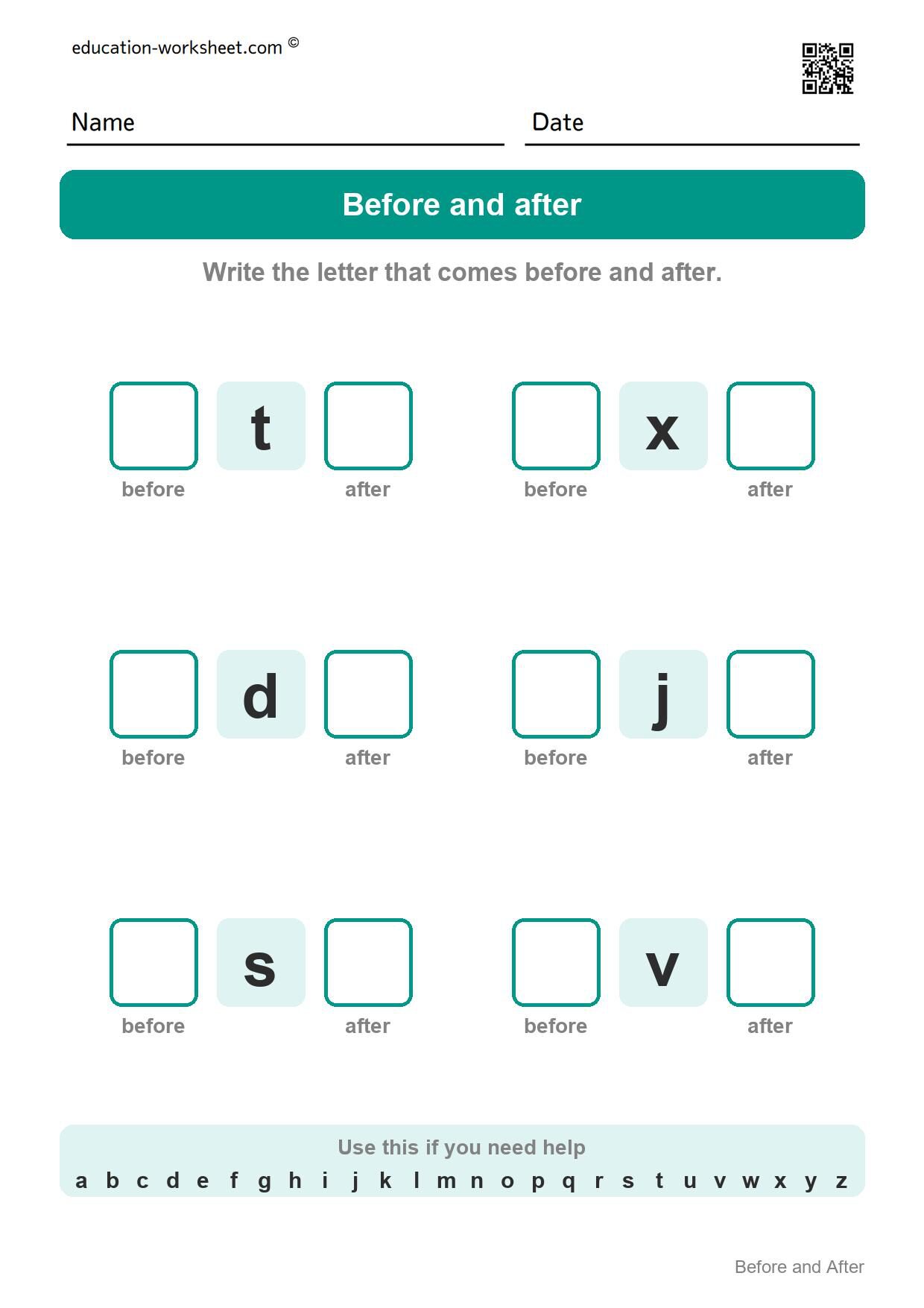 Before and after - small letters (Set 5) - Free Letter Before and After Worksheets for Kindergarten - Alphabet Order