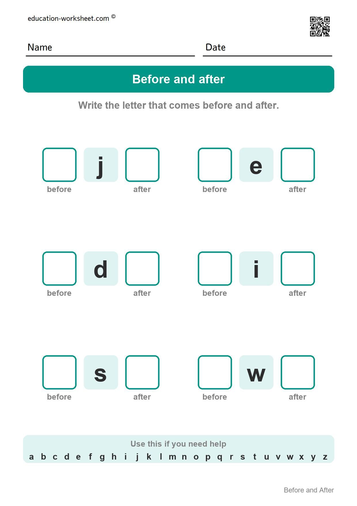 Before and after - small letters (Set 6) - Free Letter Before and After Worksheets for Kindergarten - Alphabet Order