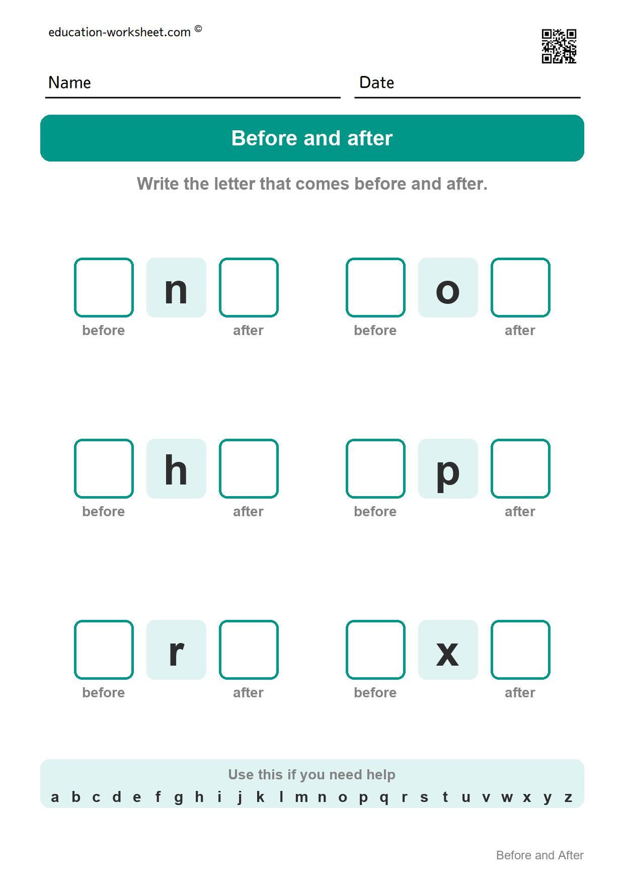 Before and after - small letters (Set 7) - Free Letter Before and After Worksheets for Kindergarten - Alphabet Order