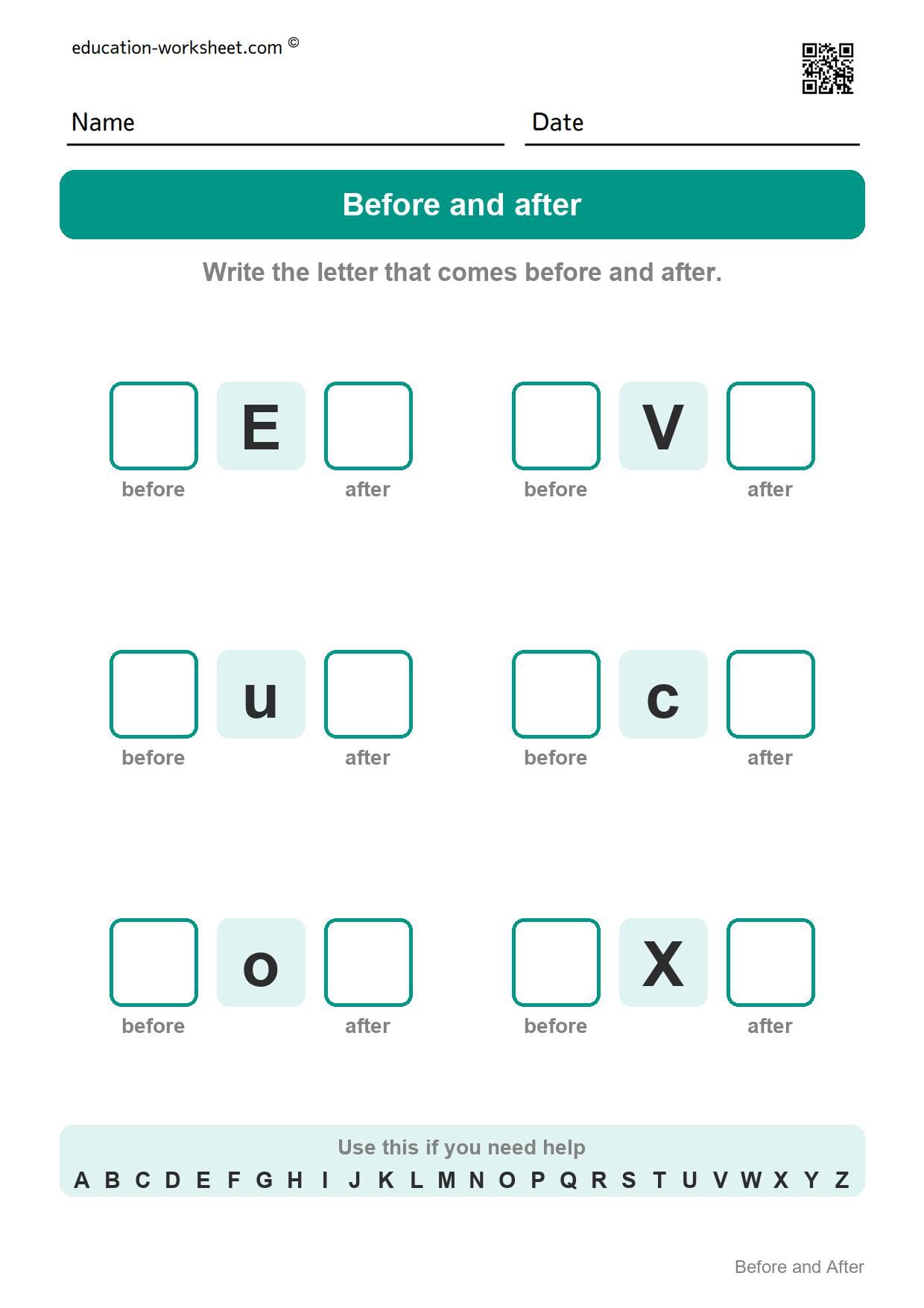 Before and after - mixed letters (Set 8) - Free Letter Before and After Worksheets for Kindergarten - Alphabet Order