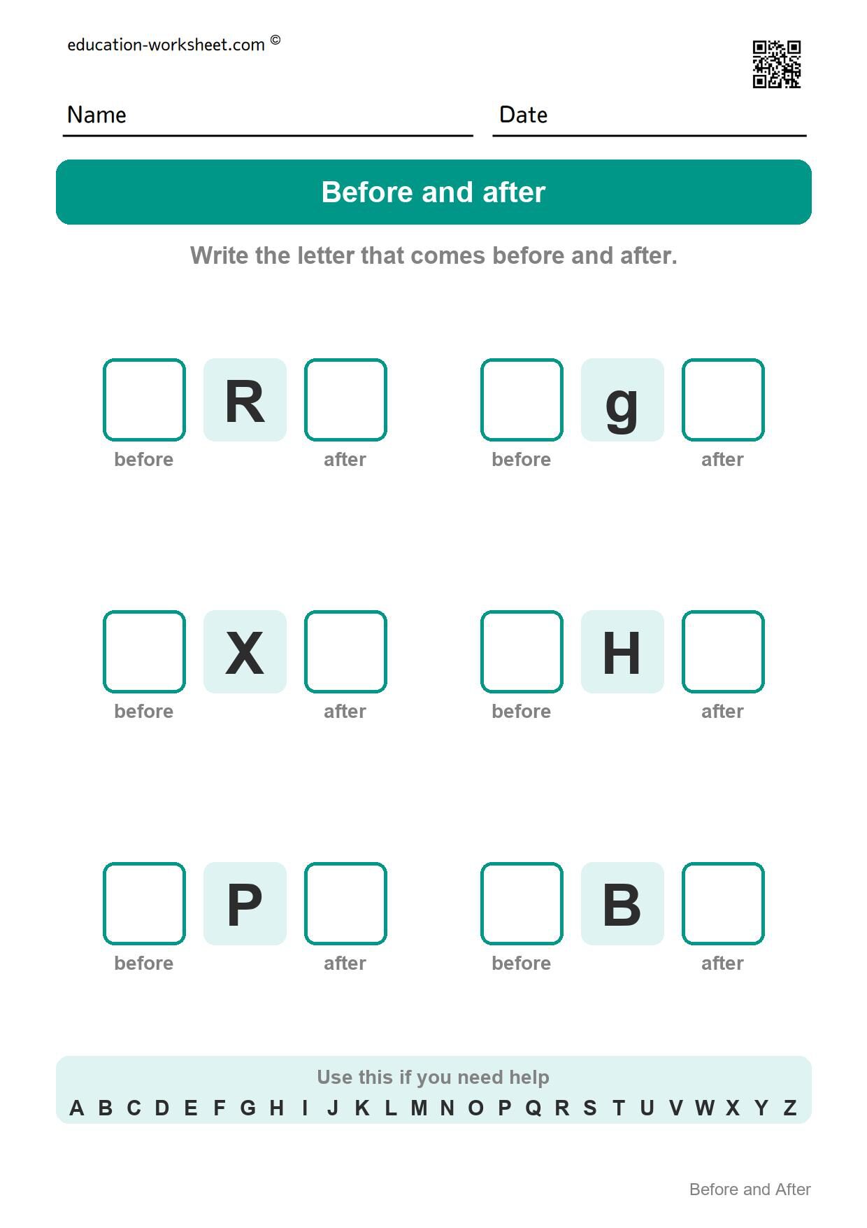 Before and after - mixed letters (Set 9) - Free Letter Before and After Worksheets for Kindergarten - Alphabet Order