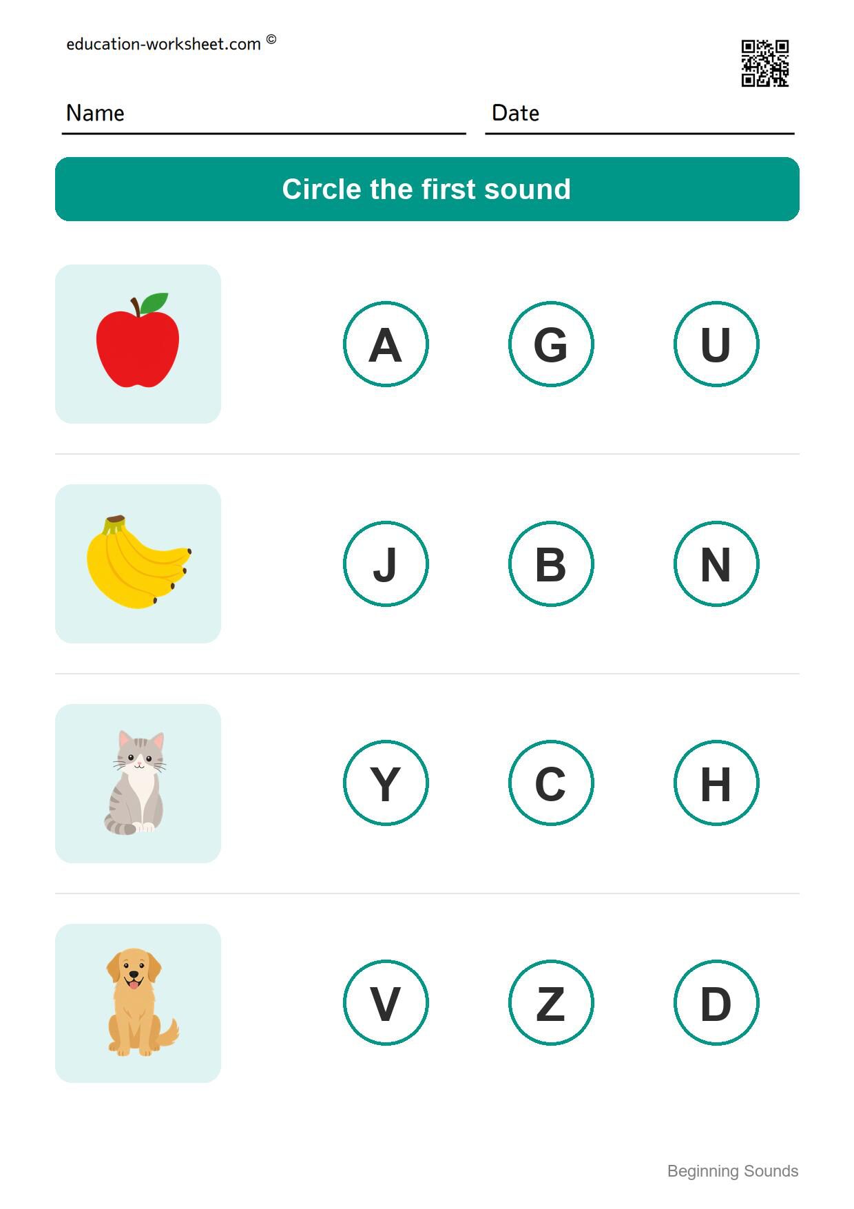 Beginning sounds (Set 1) - Free Beginning Sounds Worksheets for Kindergarten - Phonics