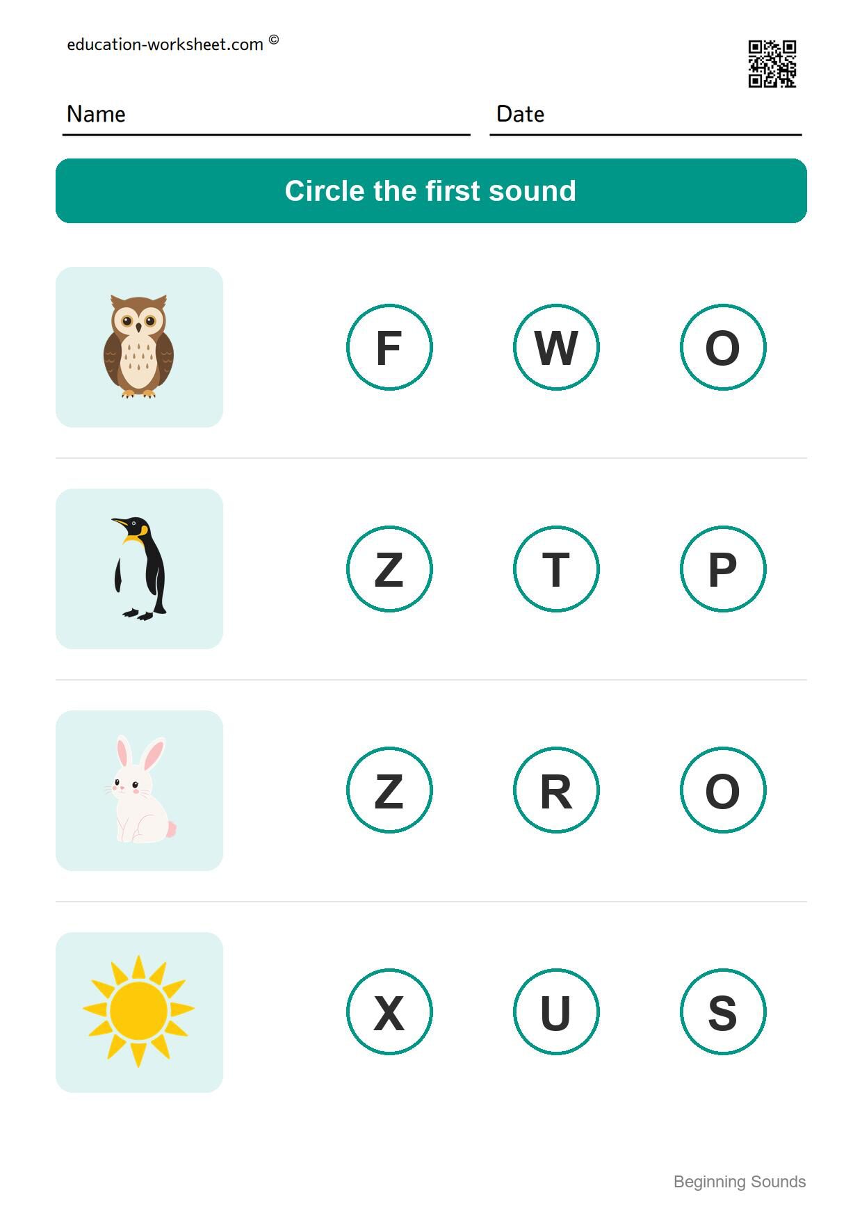 Beginning sounds (Set 4) - Free Beginning Sounds Worksheets for Kindergarten - Phonics