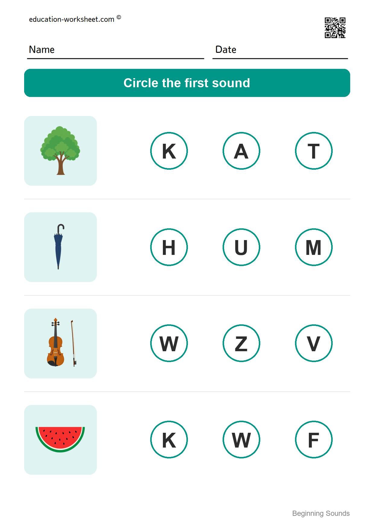Beginning sounds (Set 5) - Free Beginning Sounds Worksheets for Kindergarten - Phonics