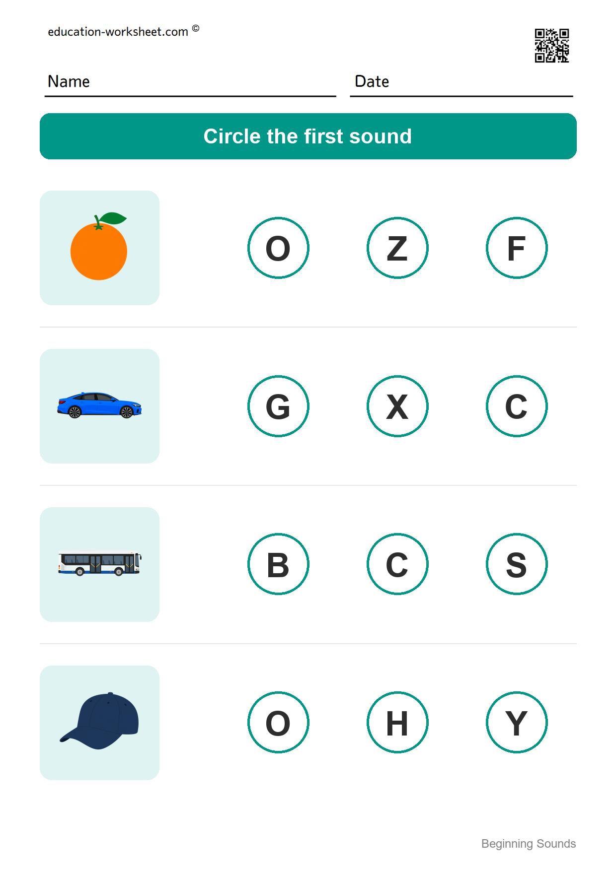 Beginning sounds (Set 6) - Free Beginning Sounds Worksheets for Kindergarten - Phonics