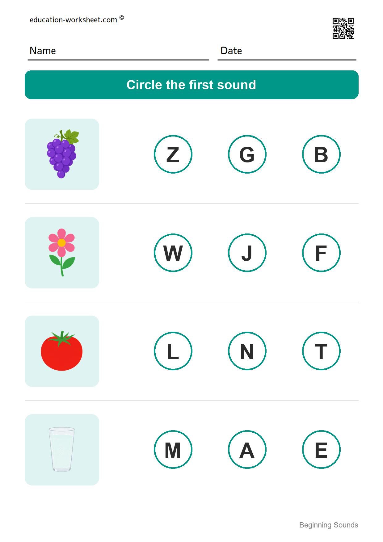 Beginning sounds (Set 7) - Free Beginning Sounds Worksheets for Kindergarten - Phonics