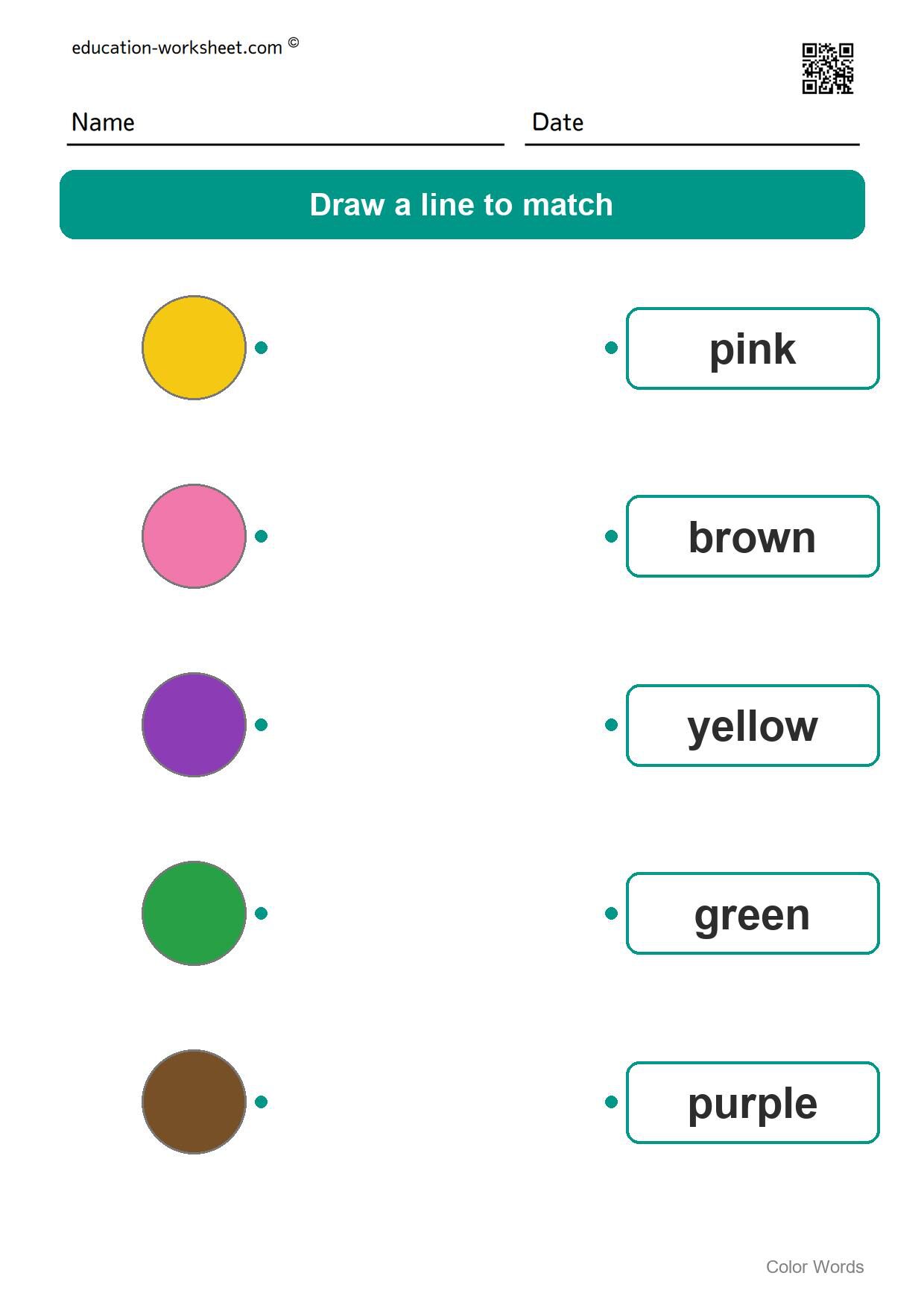 Match colors and words (Set 1) - Free Color Words Worksheets for Kindergarten - Match Colors and Words