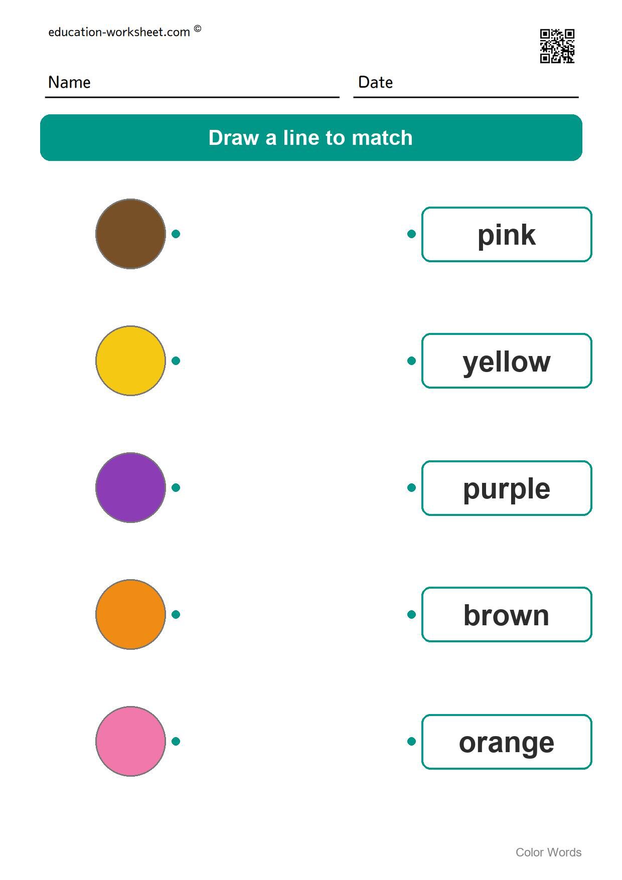 Match colors and words (Set 2) - Free Color Words Worksheets for Kindergarten - Match Colors and Words